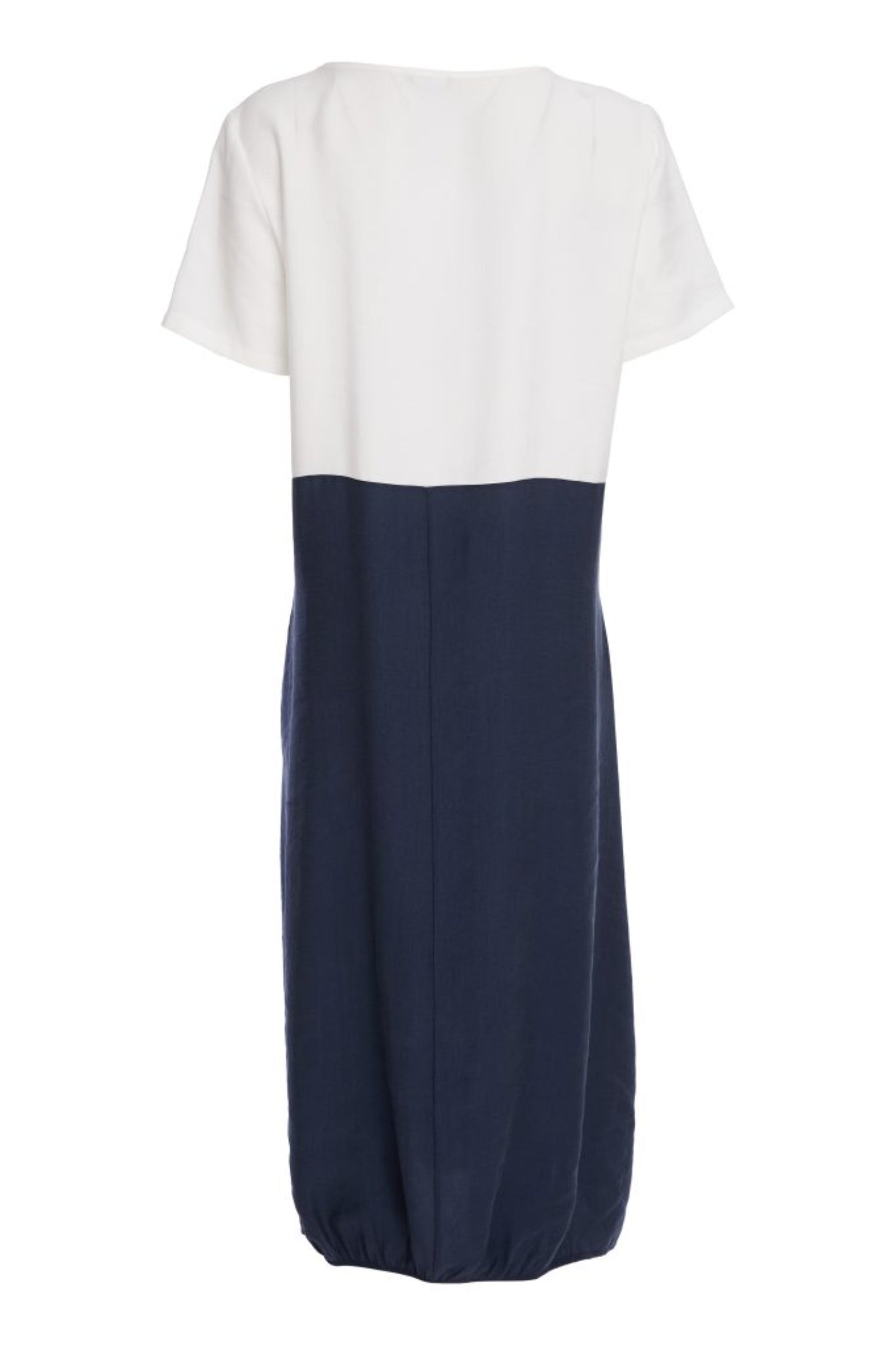 NAYA navy and white contrast midi dress featuring a round neckline, tie belt waist and statement pockets.
