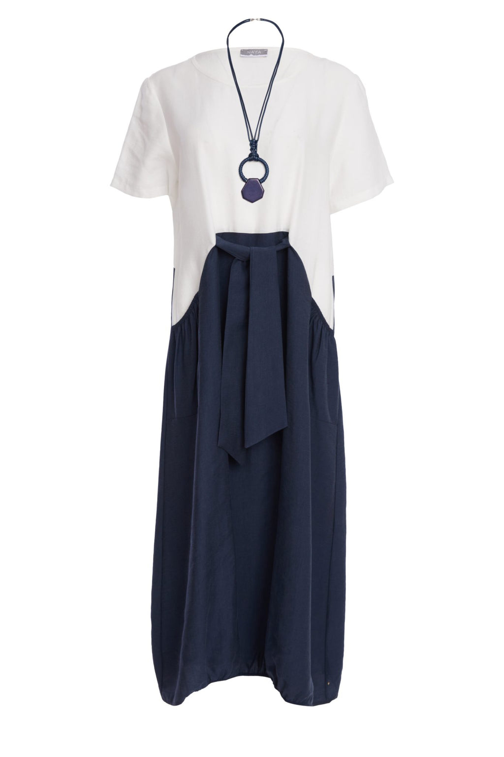NAYA navy and white contrast midi dress featuring a round neckline, tie belt waist and statement pockets.