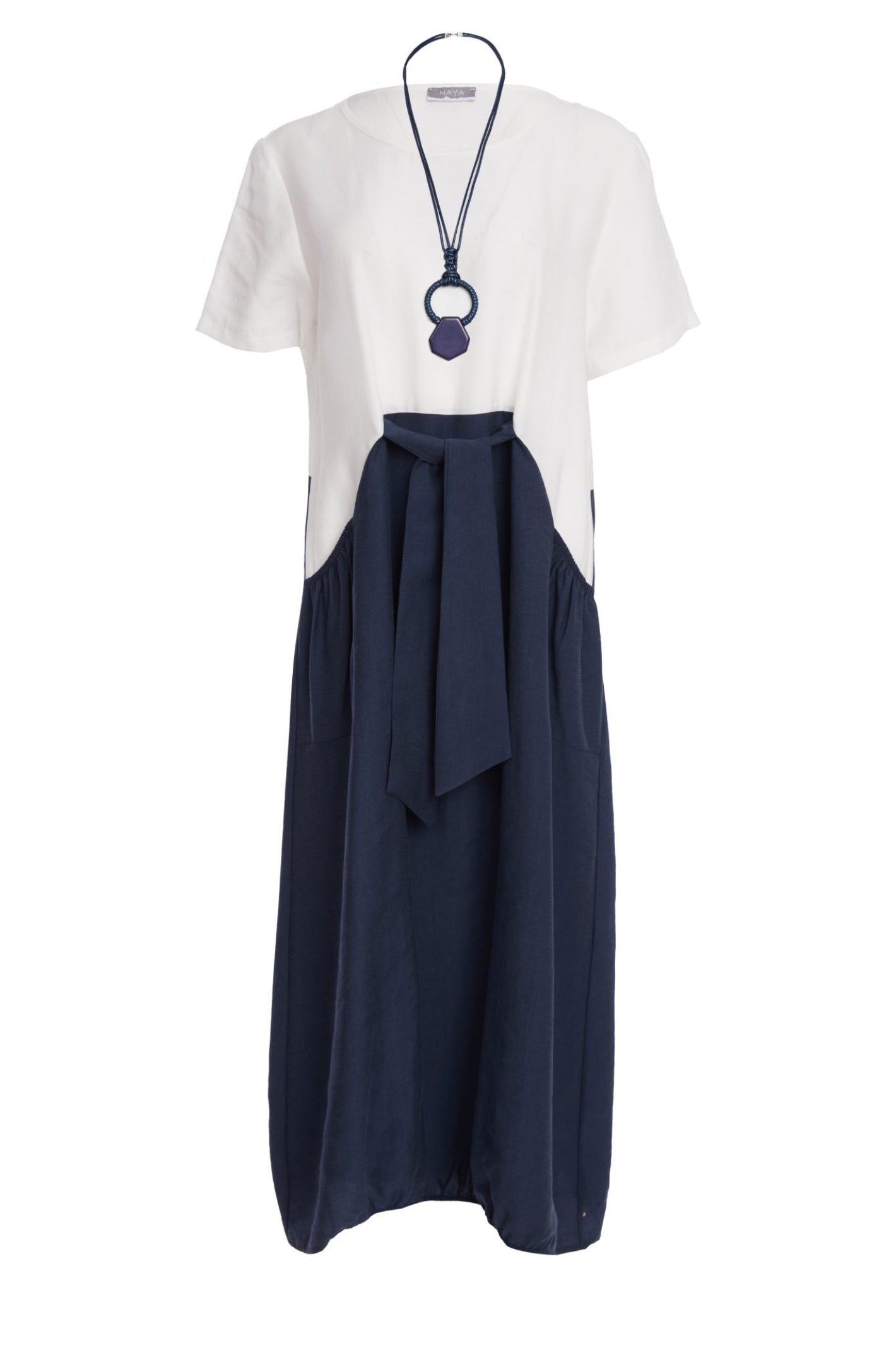NAYA navy and white contrast midi dress featuring a round neckline, tie belt waist and statement pockets.