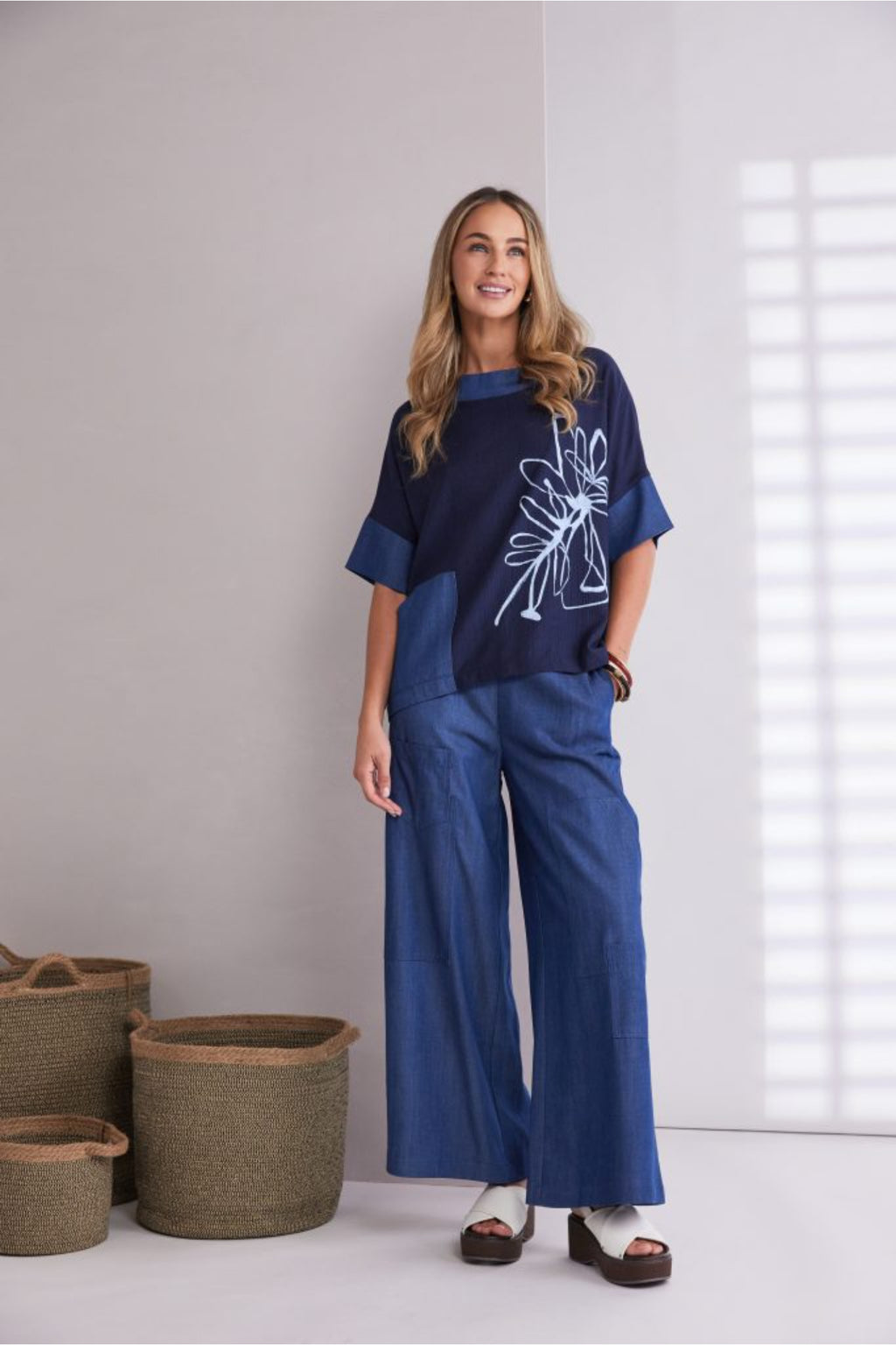 Naya NPA26272 Wide Leg Denim Look Trouser With Pockets Denim Blue