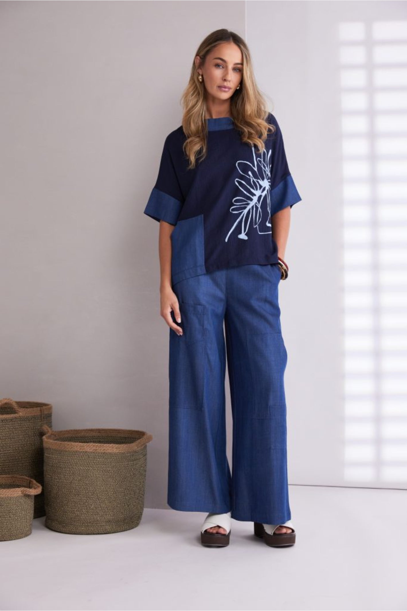 Naya NPA26272 Wide Leg Denim Look Trouser With Pockets Denim Blue