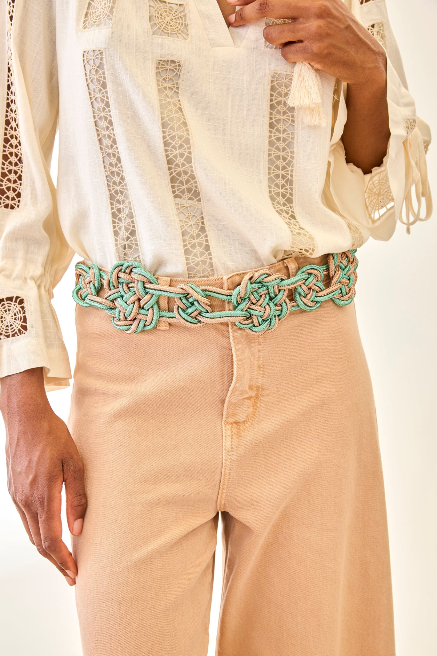 NKN Nekane Liani Aqua Bicolour Macrame Fantasy Belt by NKN Nekane styled, shop NKN Nekane at Dotique.