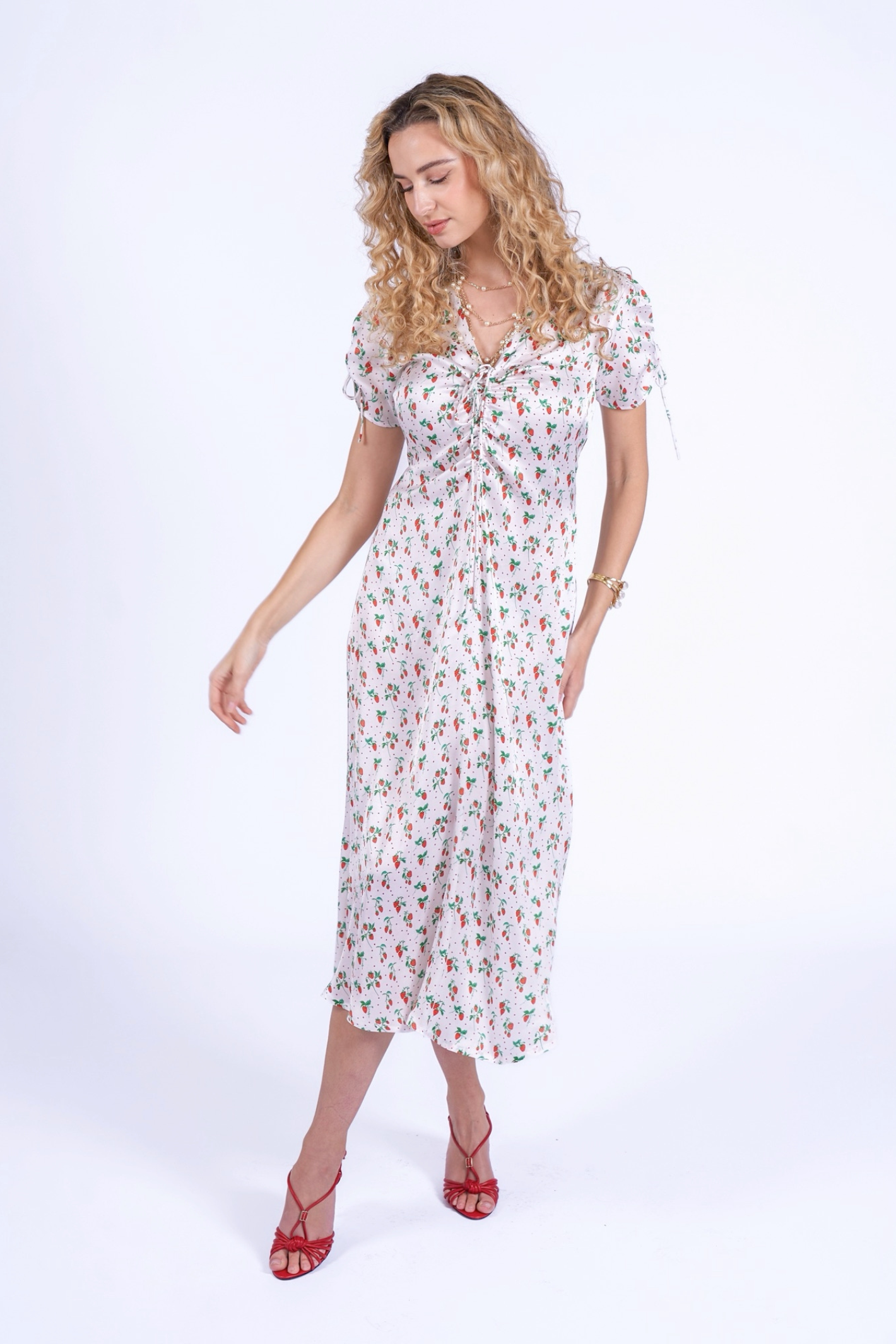 Model wearing New Day Originals Babbington Strawberries & Cream Dress by New Day Originals, shop New Day Originals at Dotique