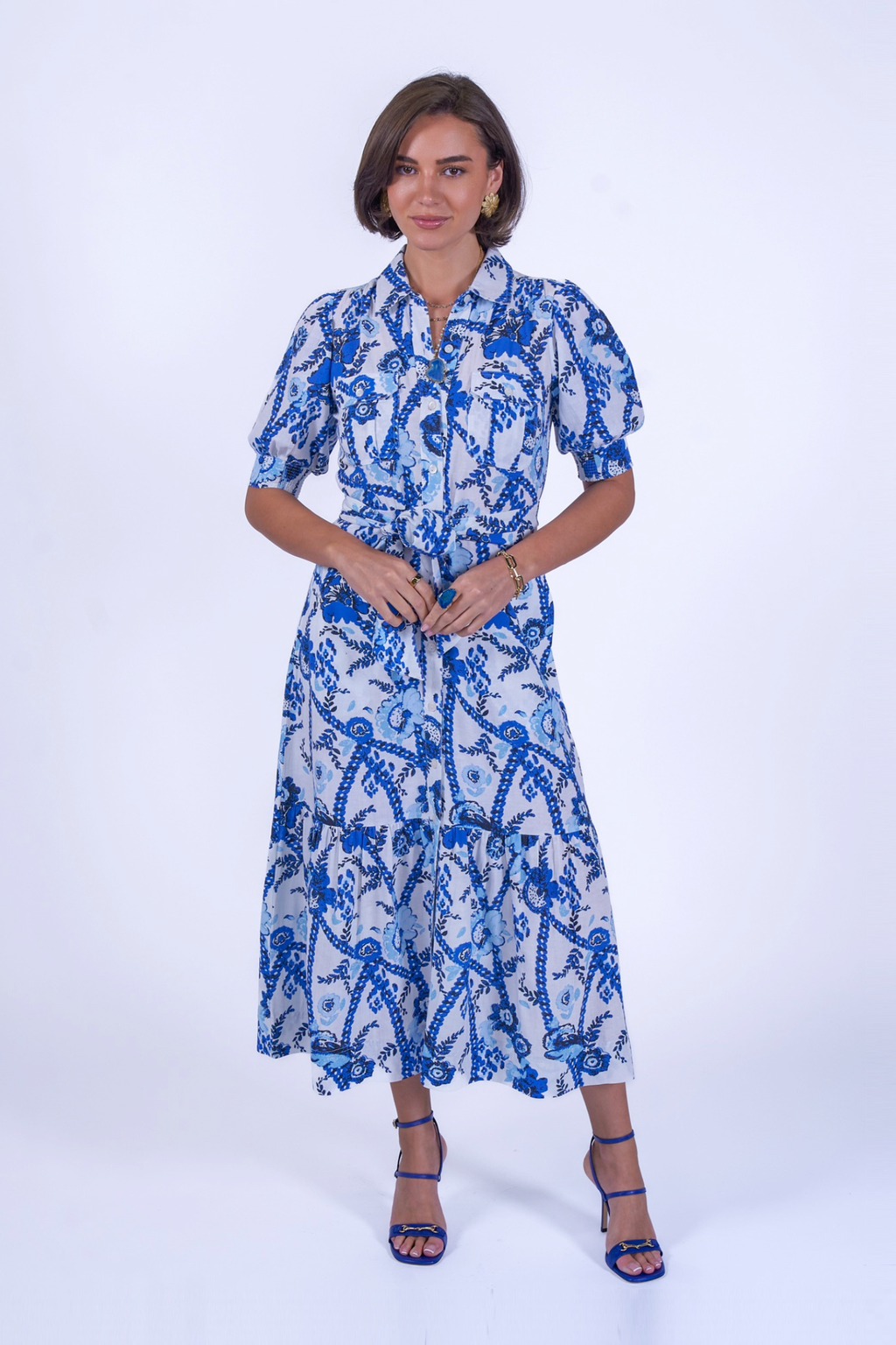 Woman wearing New Day Originals Safari Blue Shirt Dress with blue botanical print, shop New Day Originals at Dotique