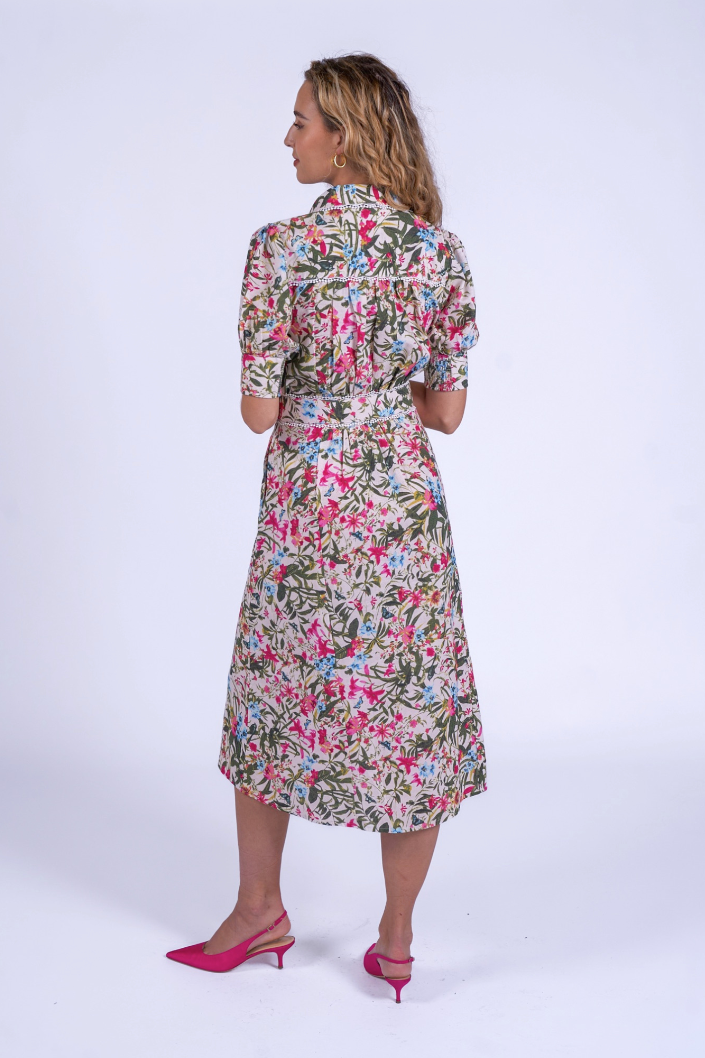 Back view of woman in New Day Originals Sydney Dress Botanical by New Day Originals, shop New Day Originals at Dotique in floral print