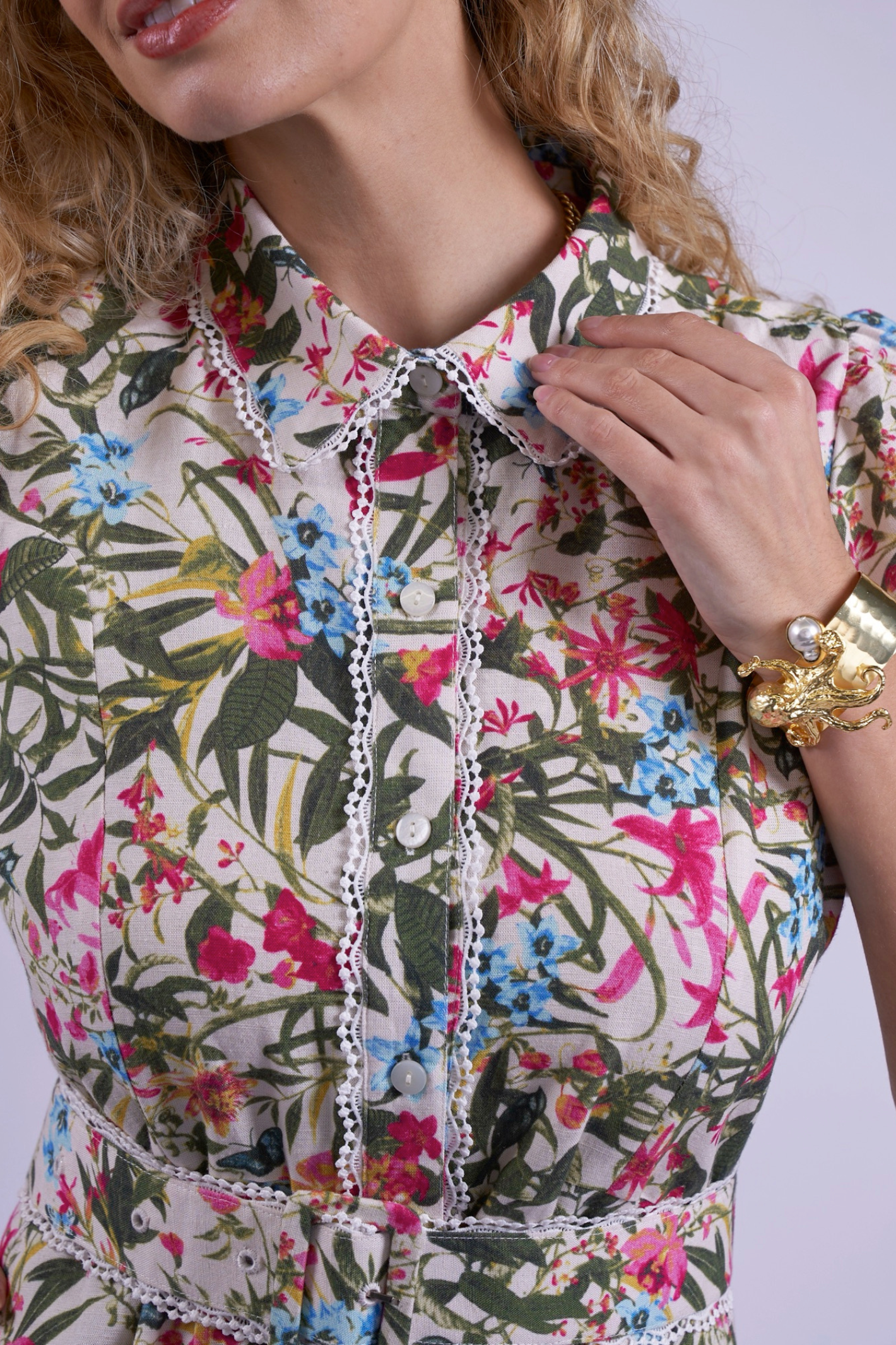 Close-up of floral print and button detailing on New Day Originals Sydney Dress Botanical by New Day Originals, shop New Day Originals at Dotique