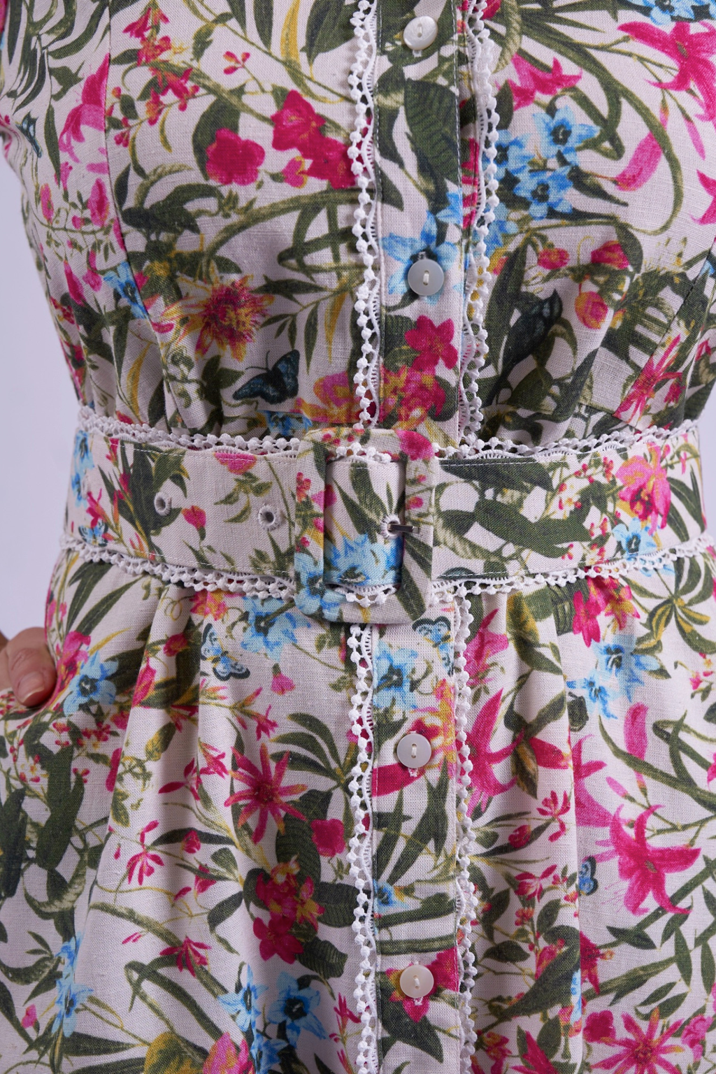 Close-up of button and belt details on New Day Originals Sydney Dress Botanical by New Day Originals, shop New Day Originals at Dotique