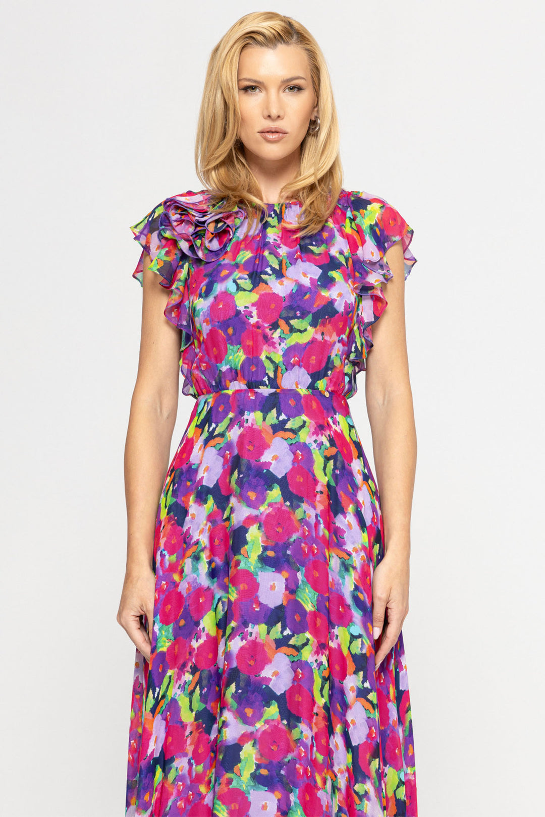 Nissa RC14773 Pink Floral Print Ruffle Cap Sleeve Midi Dress - Dotique