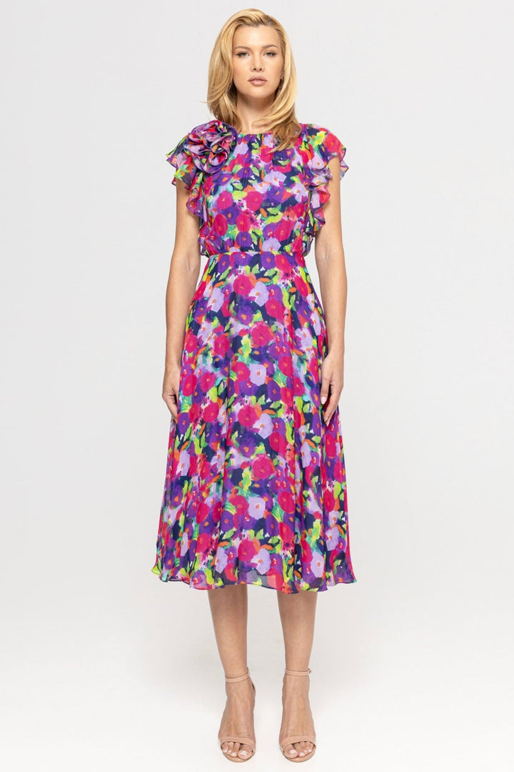Nissa RC14773 Pink Floral Print Ruffle Cap Sleeve Midi Dress - Dotique