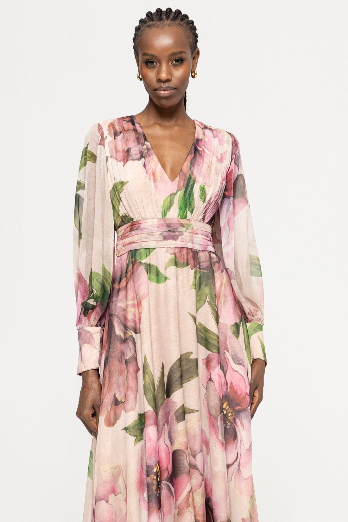 Nissa RC14882 Shell Pink Floral Print Midi Dress With Sleeves - Dotique