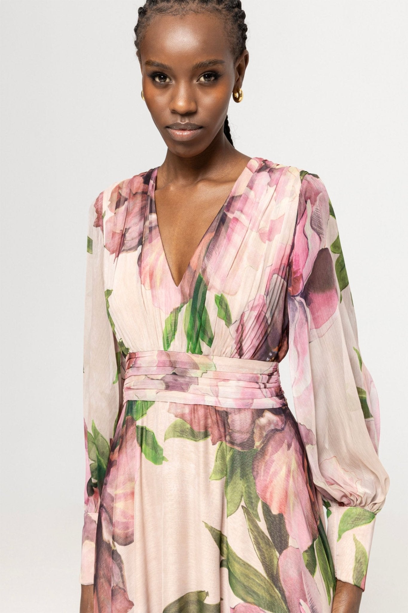 Nissa RC14882 Shell Pink Floral Print Midi Dress With Sleeves - Dotique