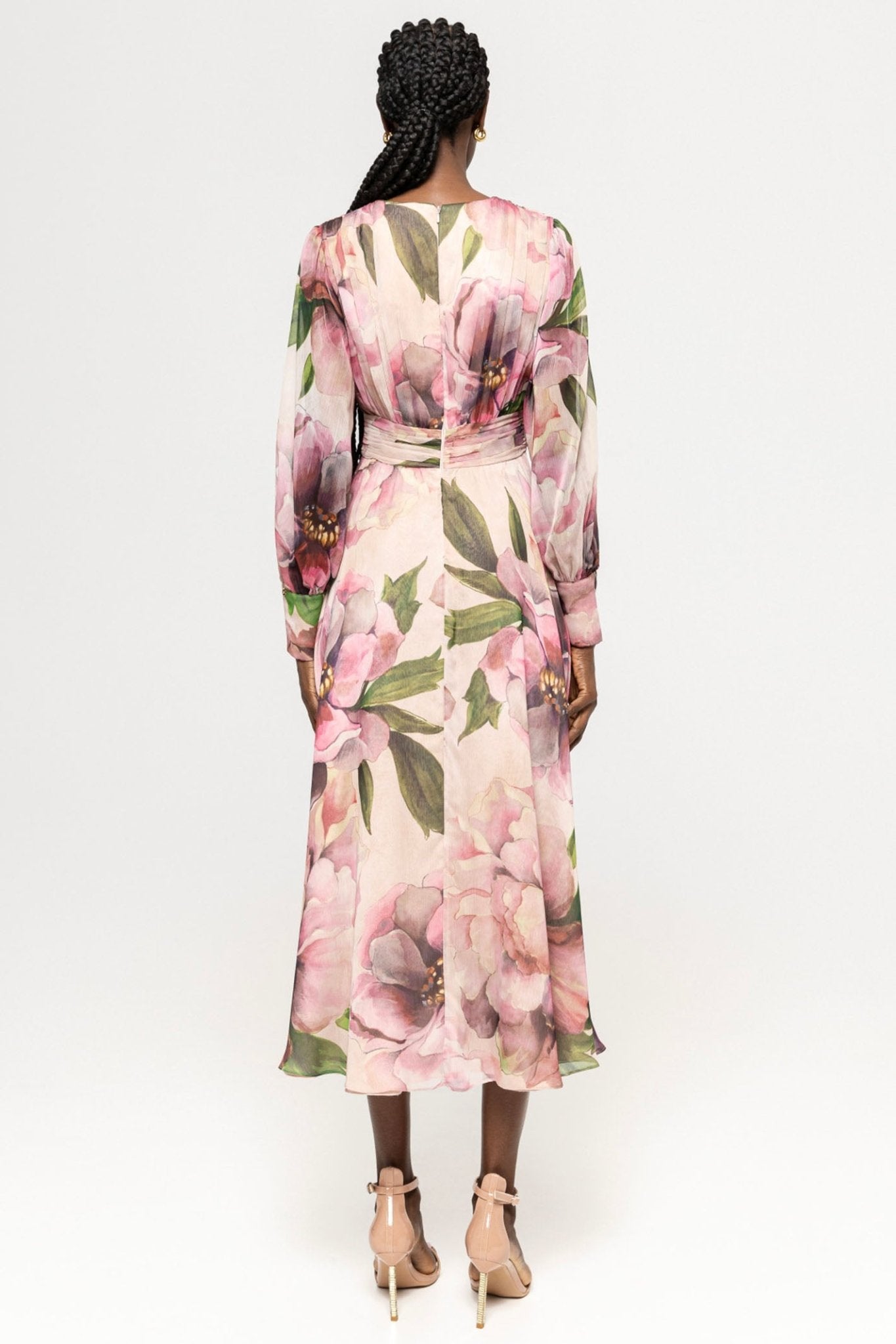 Nissa RC14882 Shell Pink Floral Print Midi Dress With Sleeves - Dotique