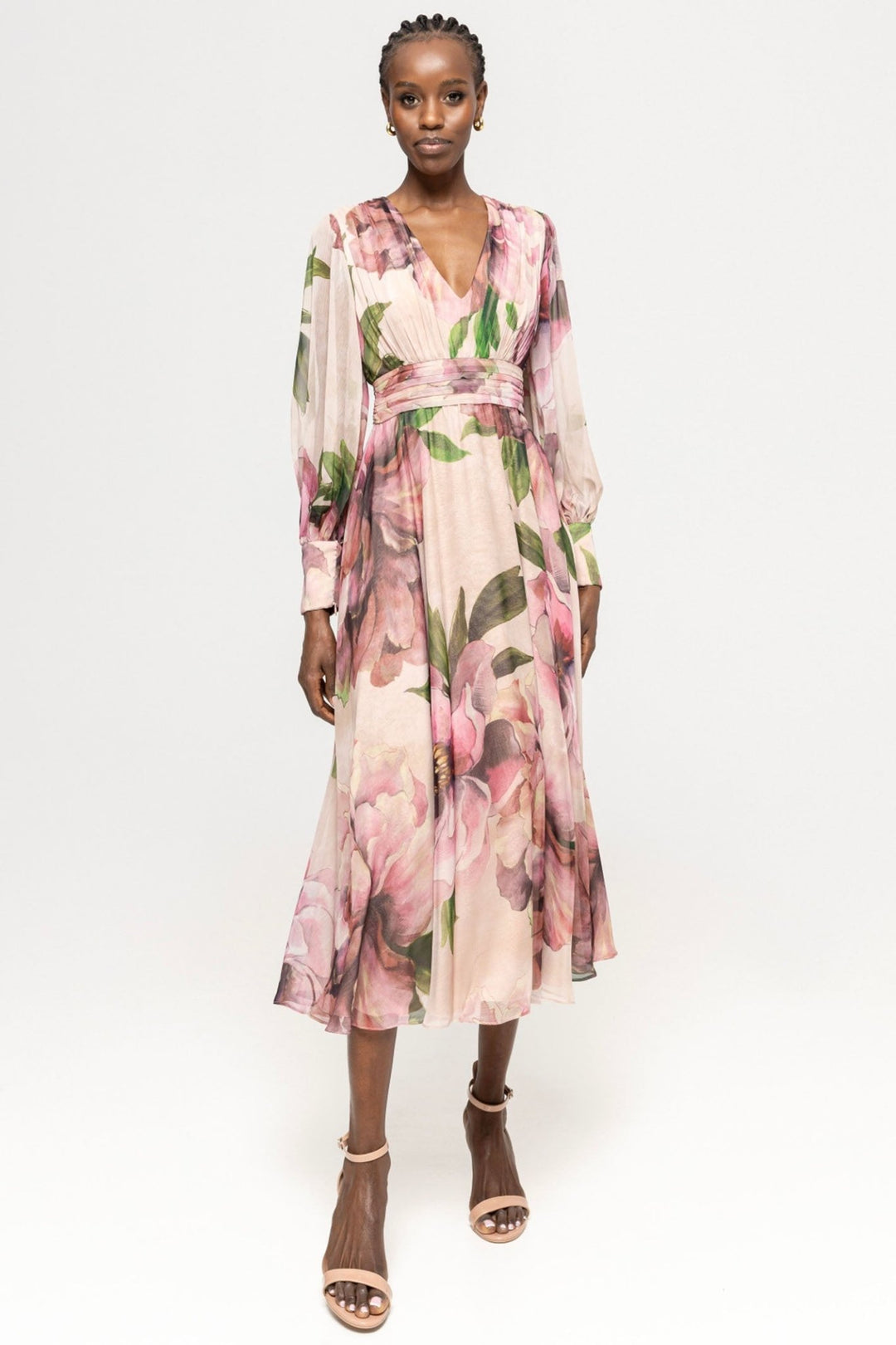 Nissa RC14882 Shell Pink Floral Print Midi Dress With Sleeves - Dotique