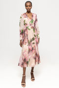 Nissa RC14882 Shell Pink Floral Print Midi Dress With Sleeves - Dotique