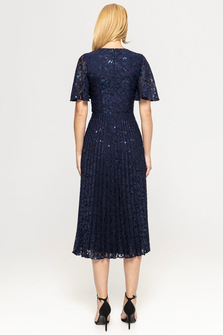 Nissa RS14932 Navy Sequined Lace Short Sleeve Pleated Midi Dress - Dotique