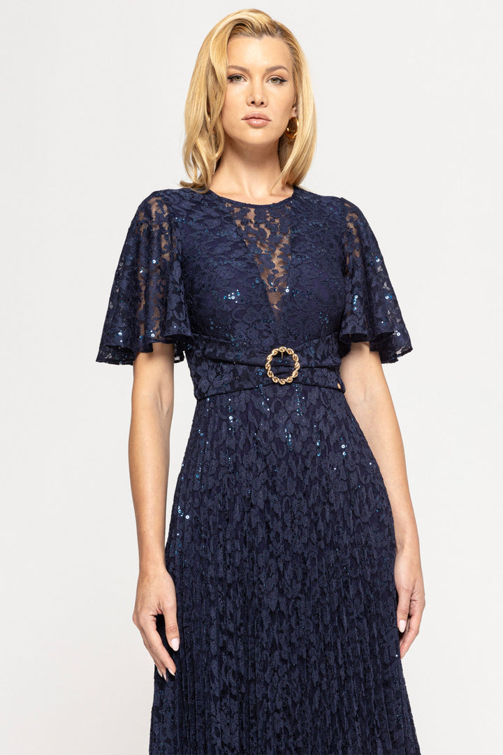 Nissa RS14932 Navy Sequined Lace Short Sleeve Pleated Midi Dress - Dotique