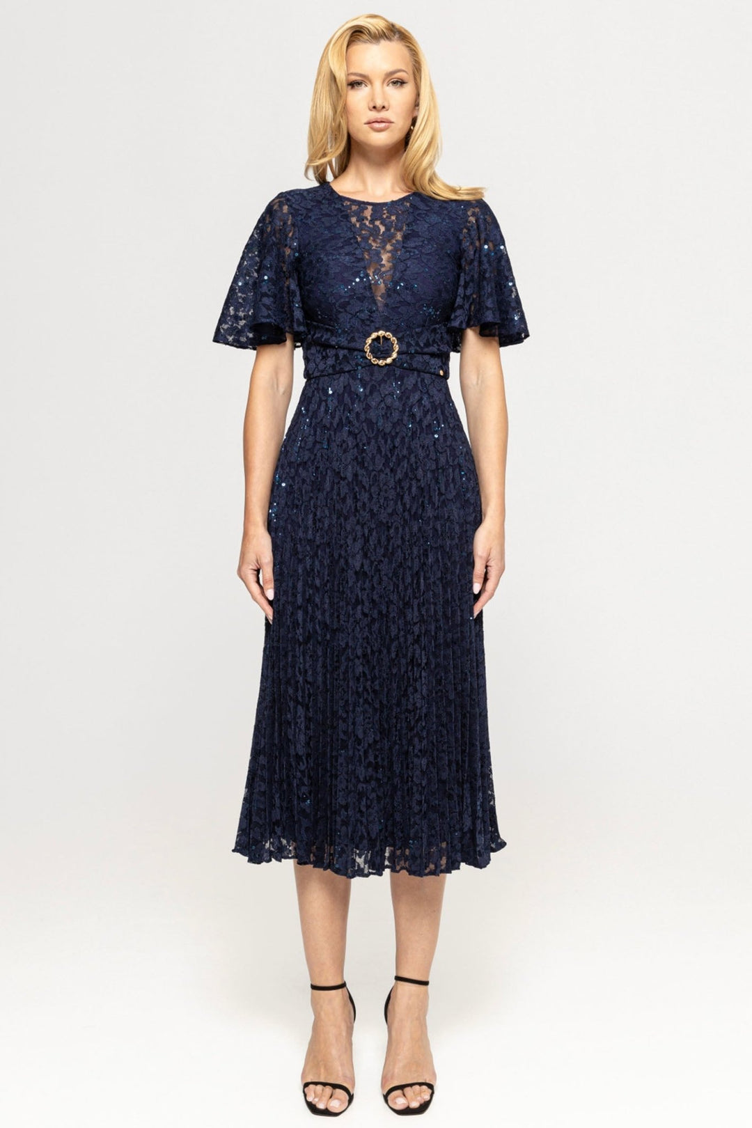 Nissa RS14932 Navy Sequined Lace Short Sleeve Pleated Midi Dress - Dotique