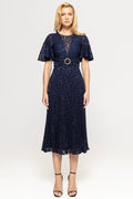 Nissa RS14932 Navy Sequined Lace Short Sleeve Pleated Midi Dress - Dotique