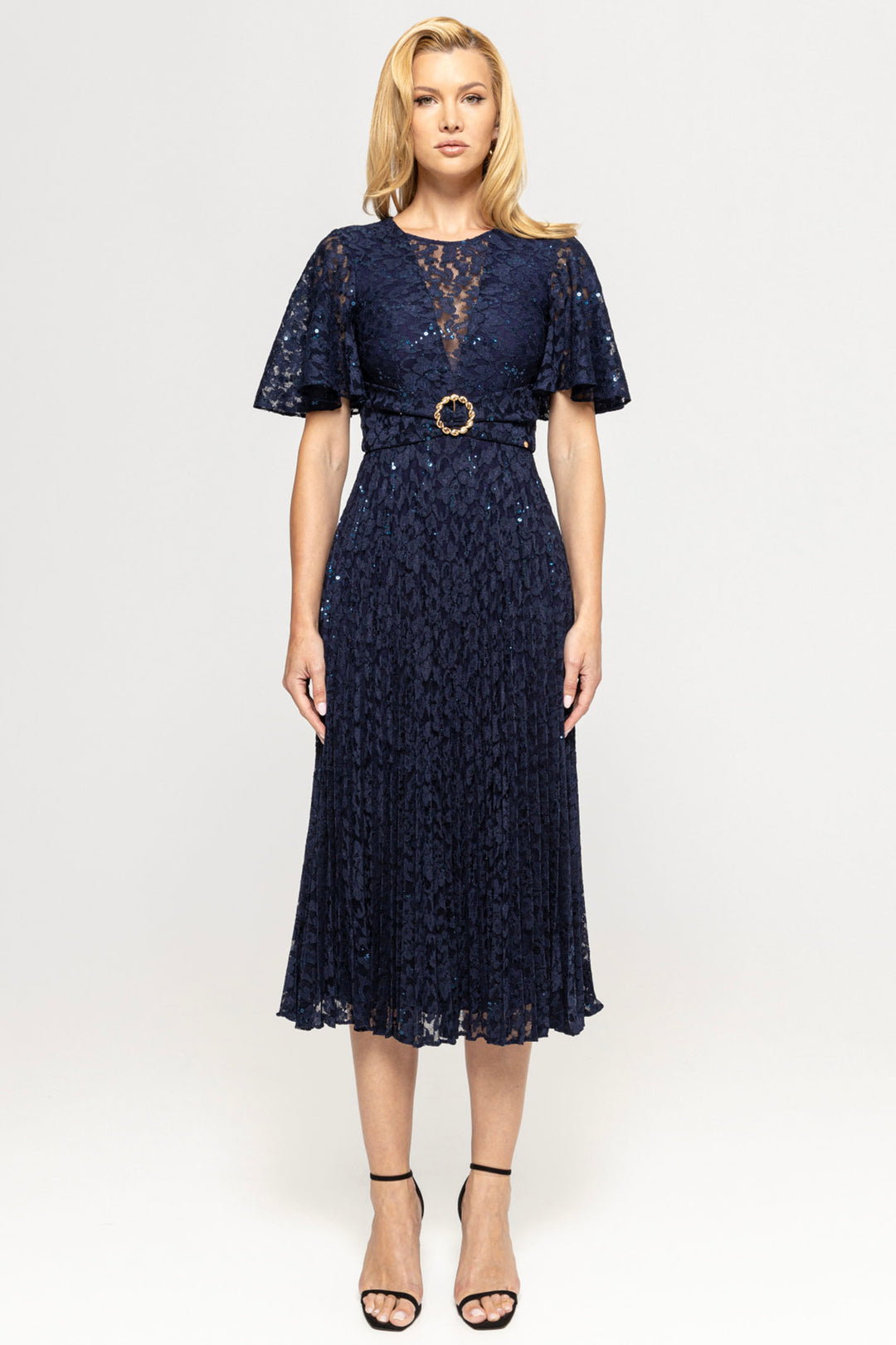 Nissa RS14932 Navy Sequined Lace Short Sleeve Pleated Midi Dress - Dotique