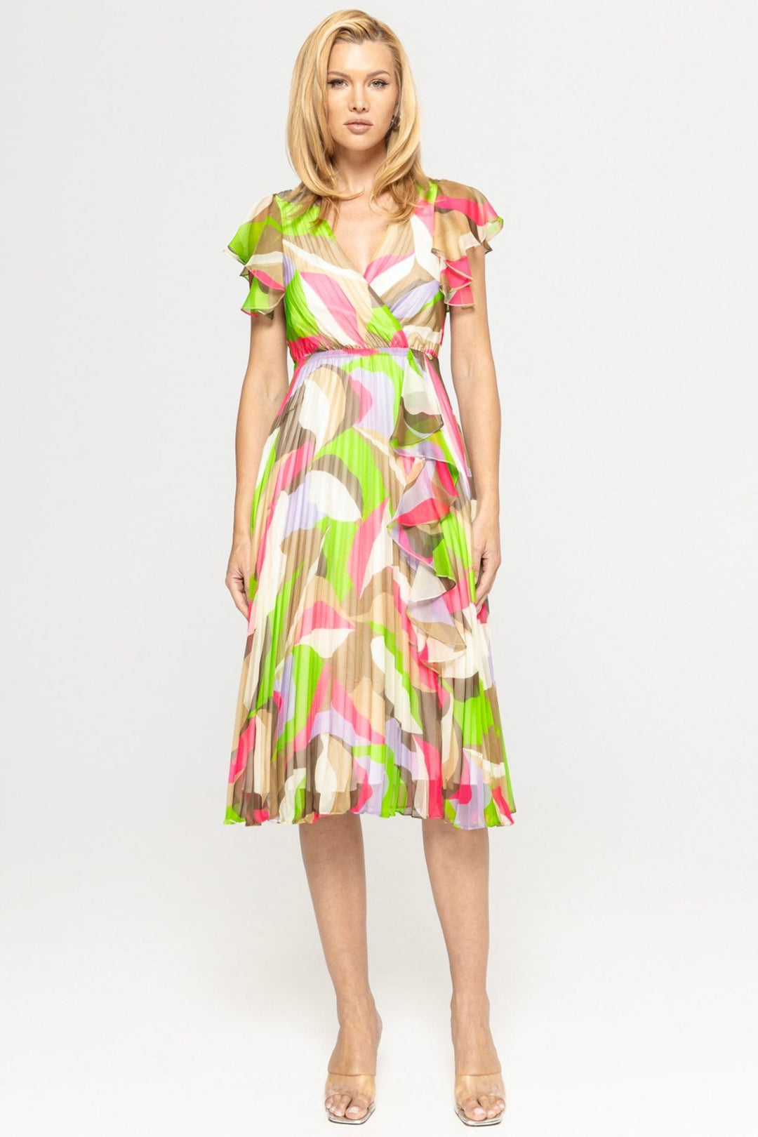 Nissa RZ14800R Lime Green Print Ruffle Front Midi Dress - Dotique