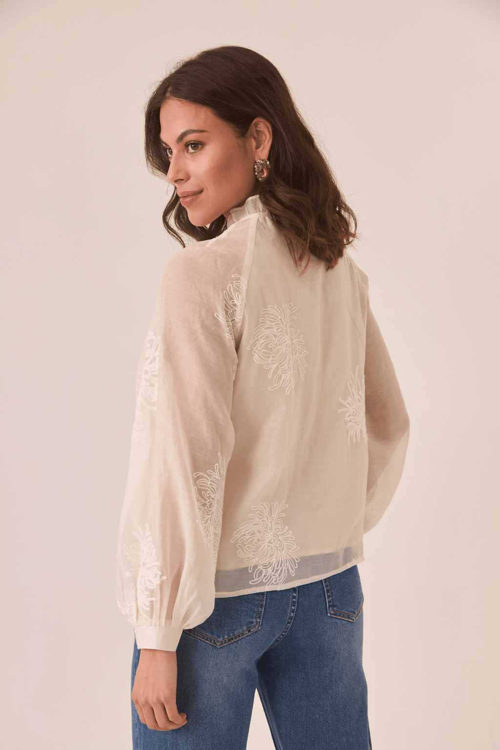 Dotique ecru NKN Nekane oriental-inspired blouse with embroidery and sheer sleeves