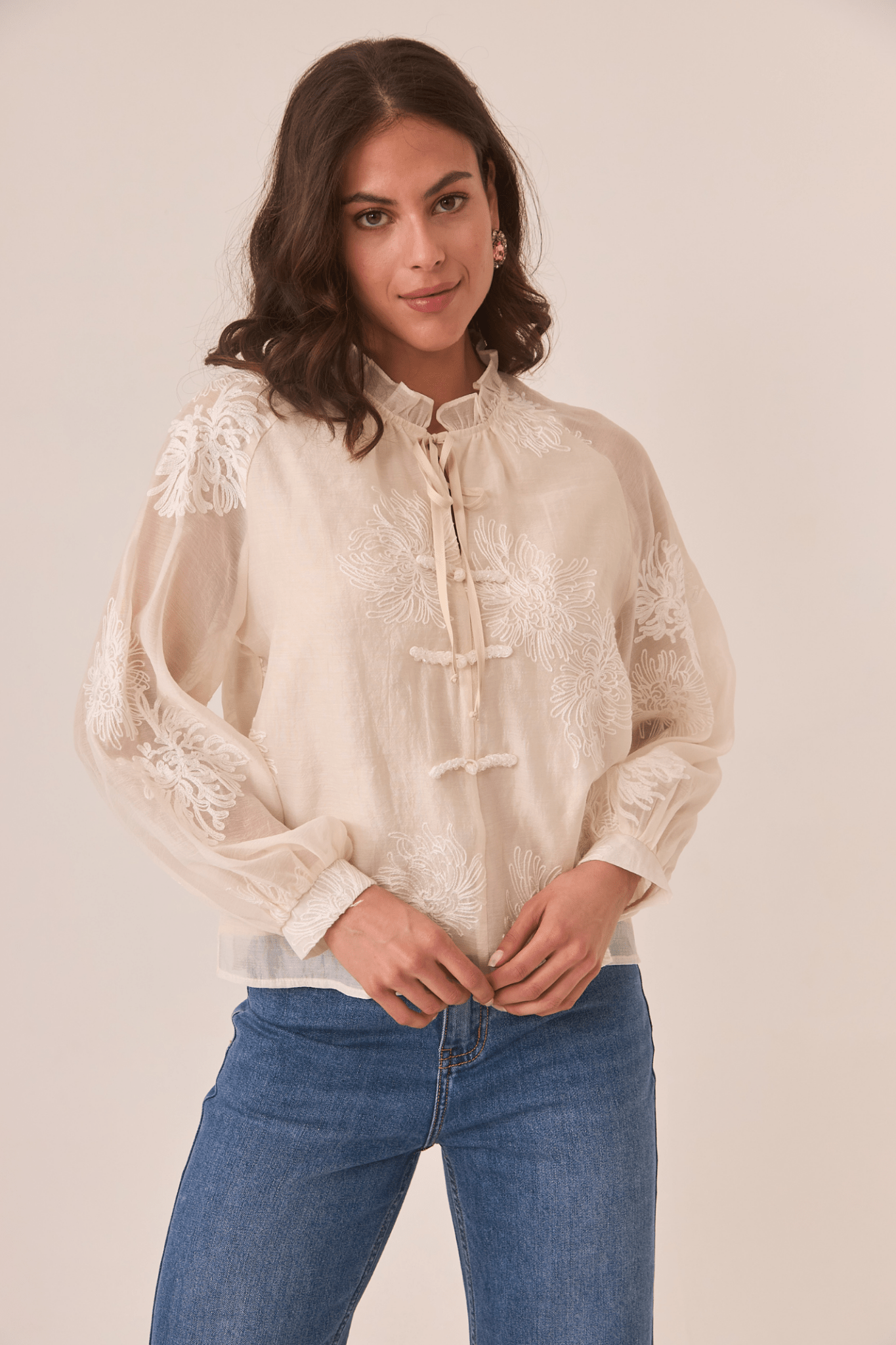 Dotique ecru NKN Nekane oriental-inspired blouse with embroidery and sheer sleeves