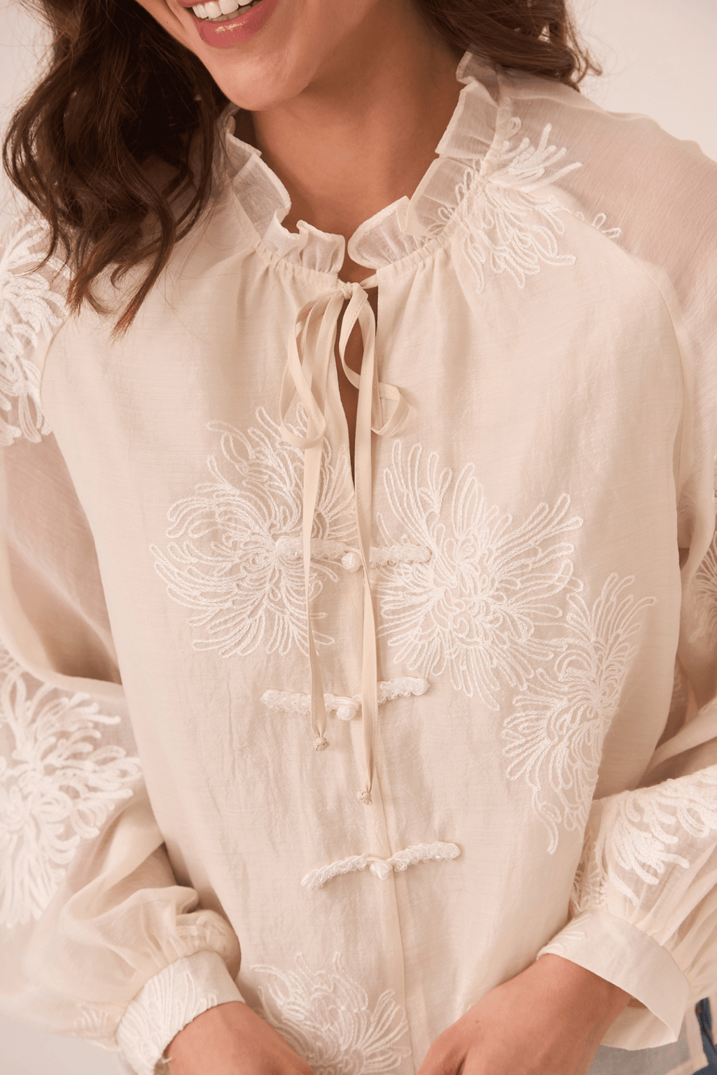 Dotique ecru NKN Nekane oriental-inspired blouse with embroidery and sheer sleeves