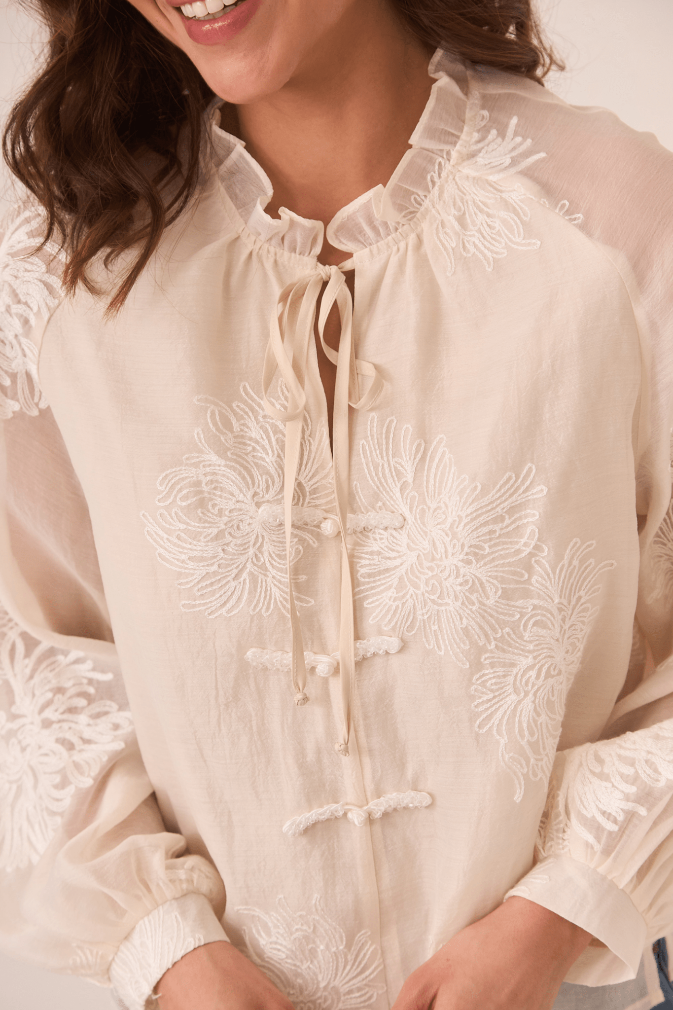 Dotique ecru NKN Nekane oriental-inspired blouse with embroidery and sheer sleeves