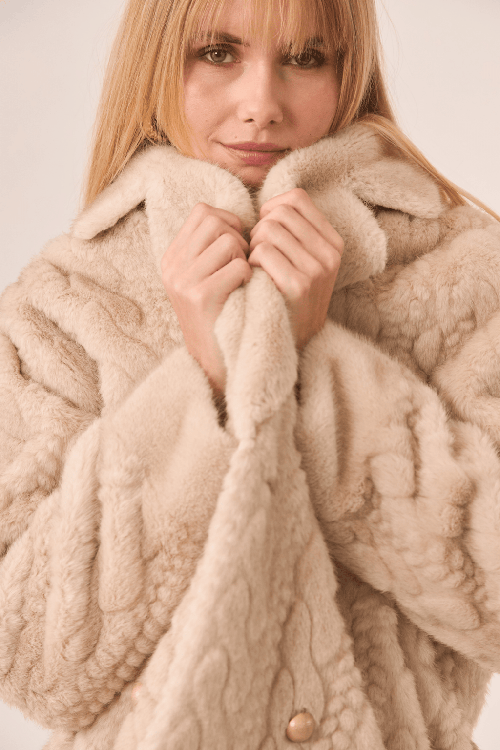 Dotique ivory NKN Nekane short coat with braided faux fur and flap detail