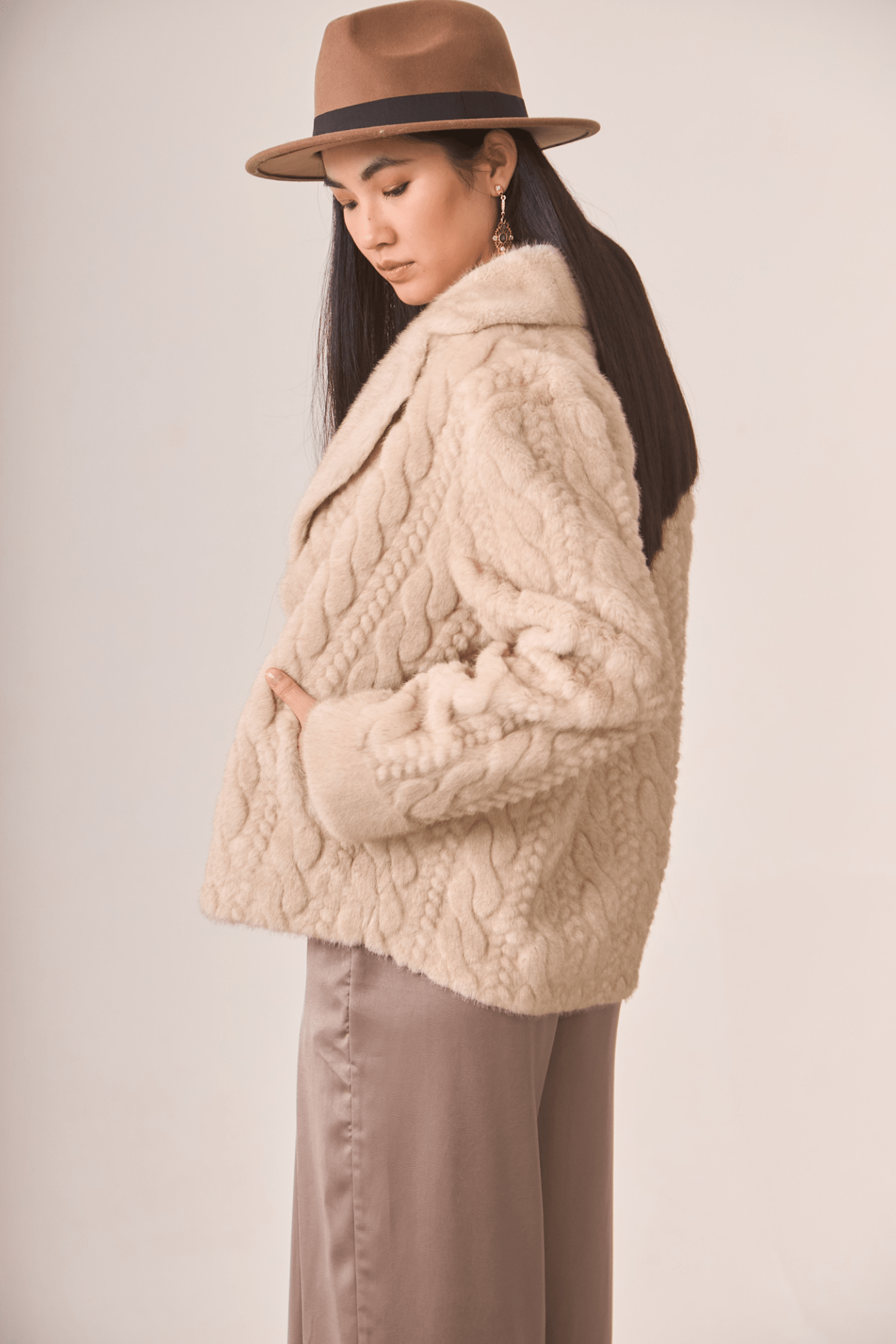 Dotique ivory NKN Nekane short coat with braided faux fur and flap detail