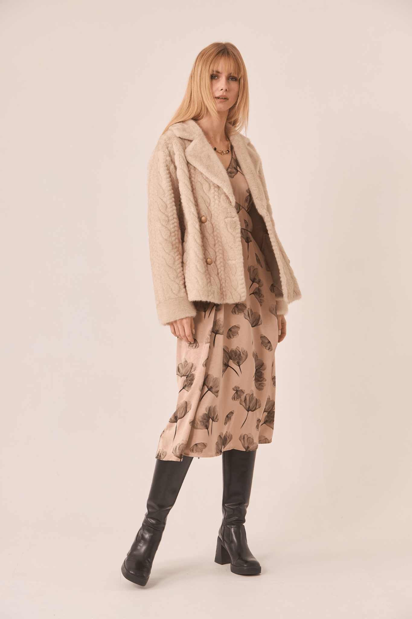 Dotique ivory NKN Nekane short coat with braided faux fur and flap detail