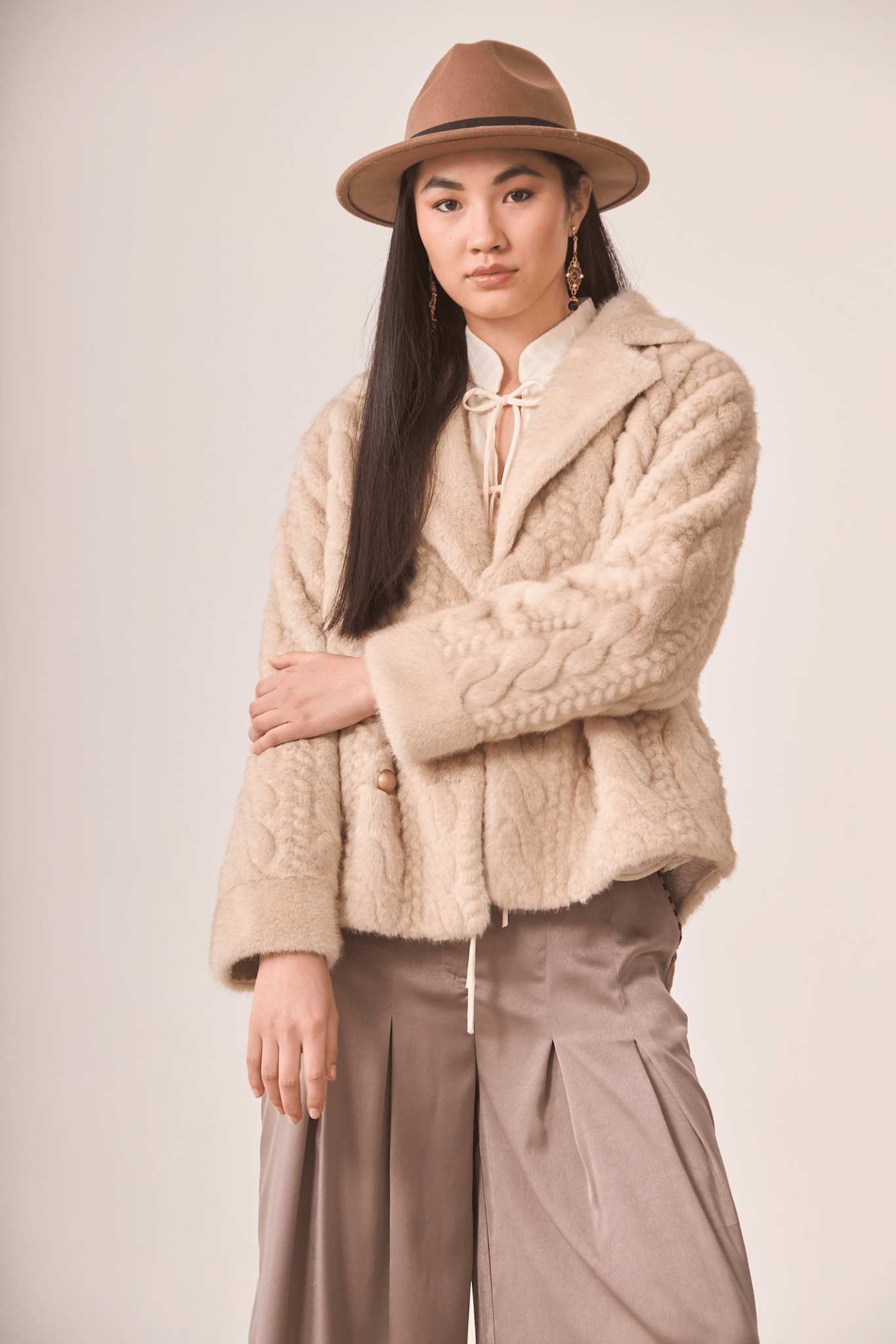Dotique ivory NKN Nekane short coat with braided faux fur and flap detail