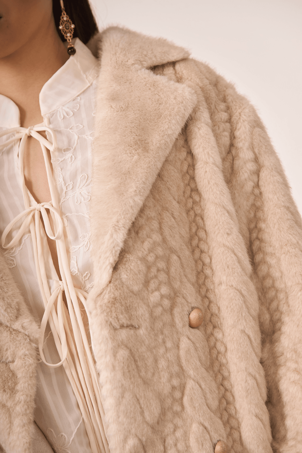 Dotique ivory NKN Nekane short coat with braided faux fur and flap detail