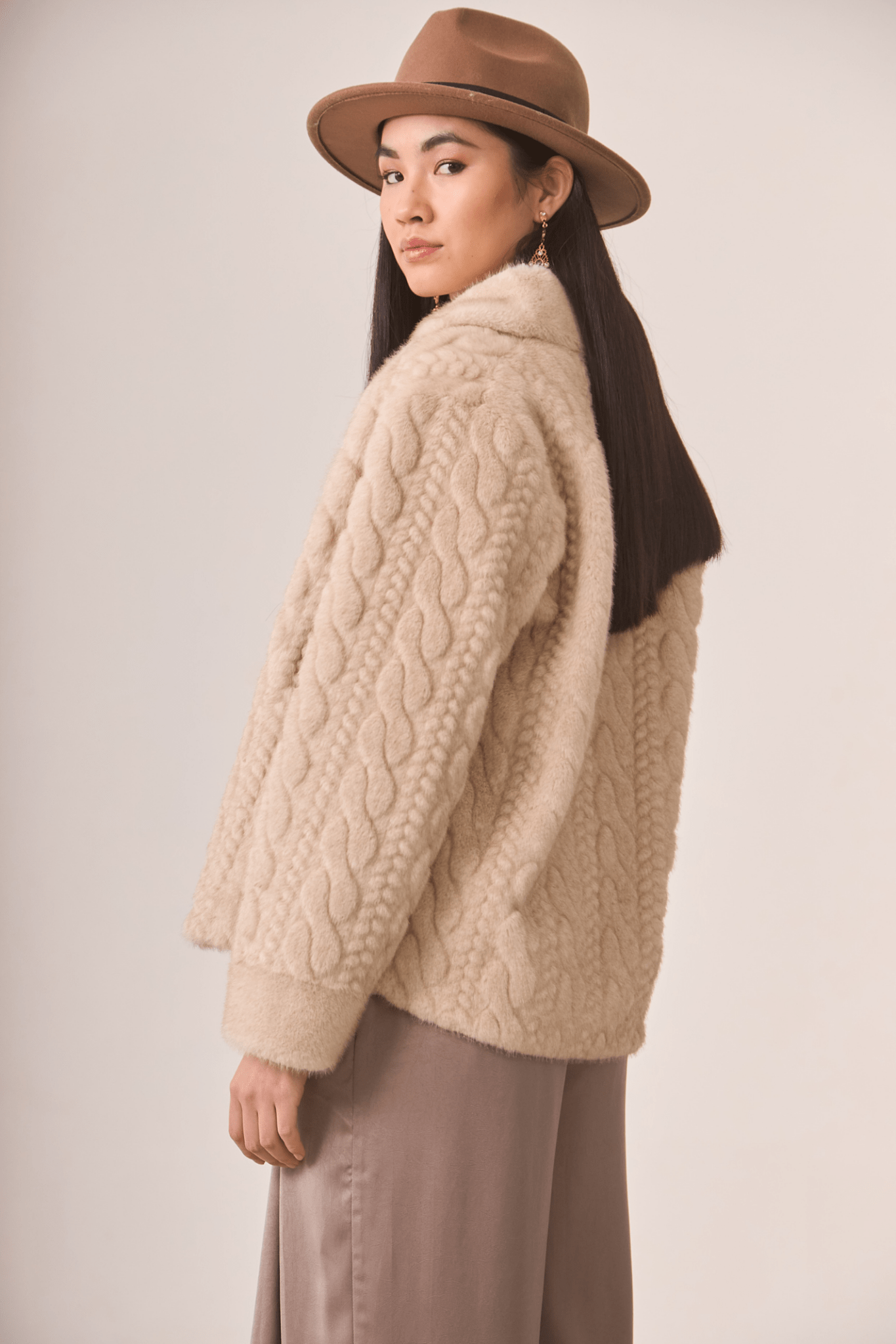 Dotique ivory NKN Nekane short coat with braided faux fur and flap detail