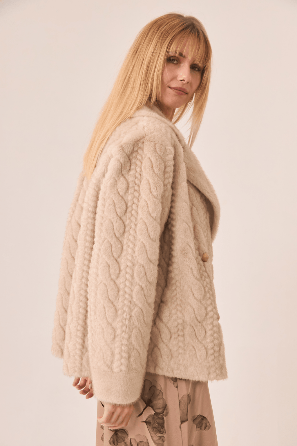 Dotique ivory NKN Nekane short coat with braided faux fur and flap detail