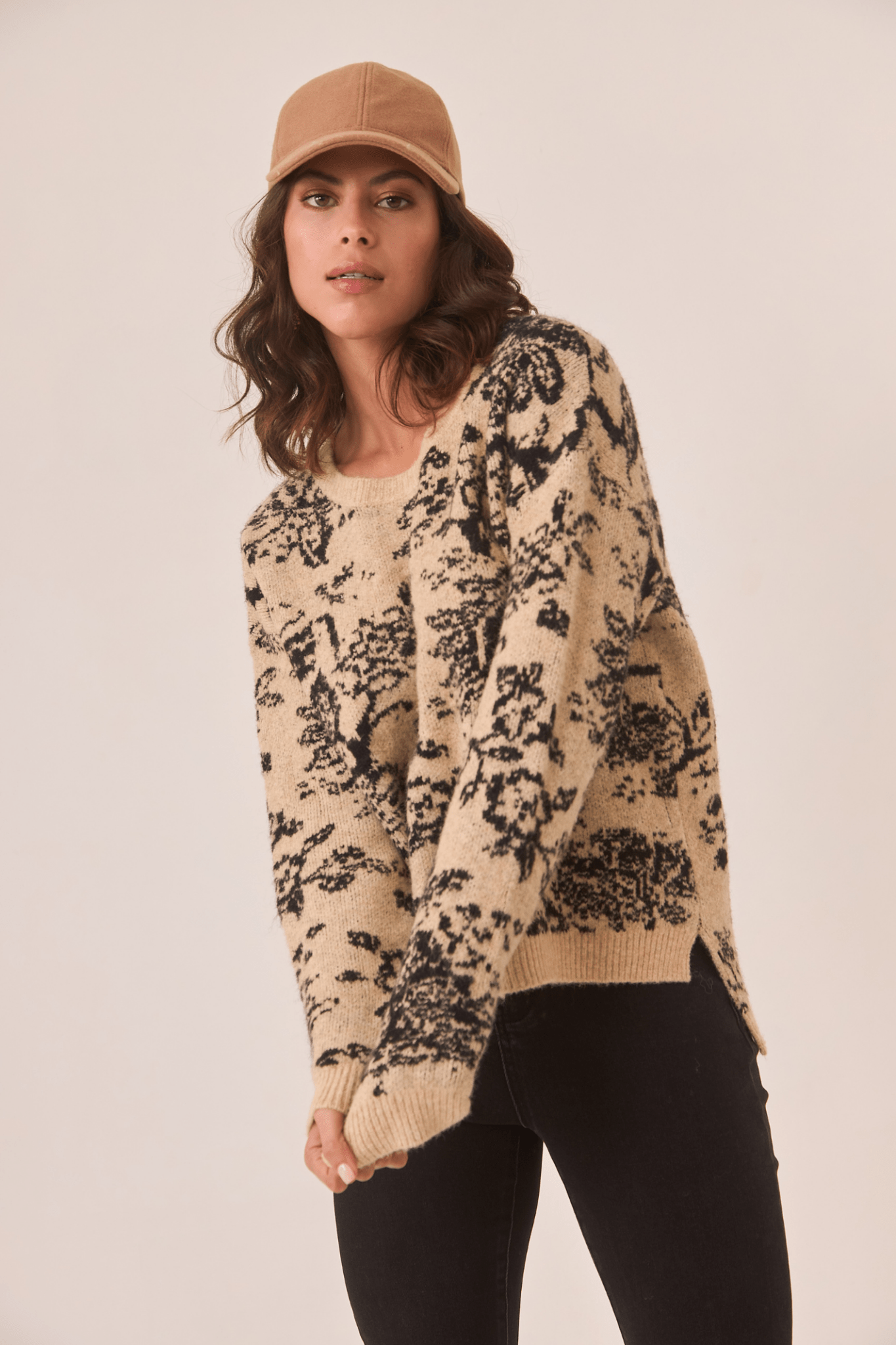 Dotique camel NKN Nekane floral jacquard knit sweater with black print detail