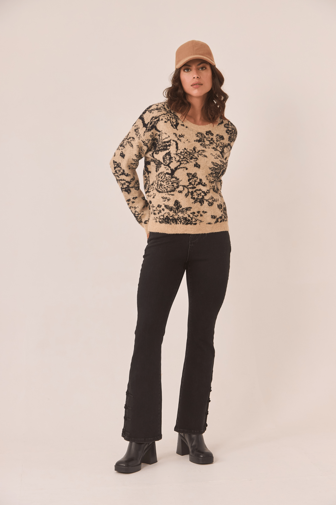 Dotique camel NKN Nekane floral jacquard knit sweater with black print detail