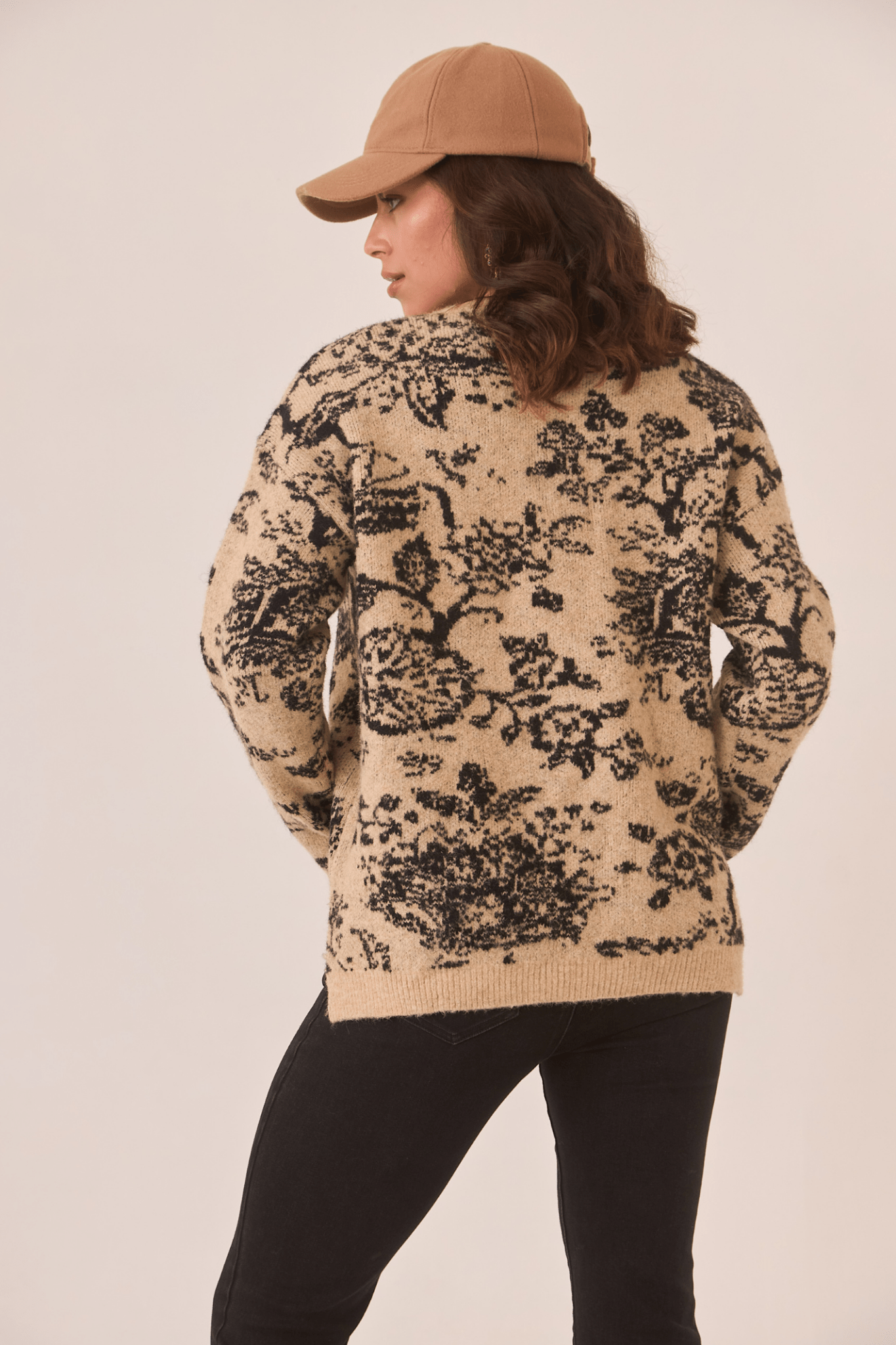 Dotique camel NKN Nekane floral jacquard knit sweater with black print detail