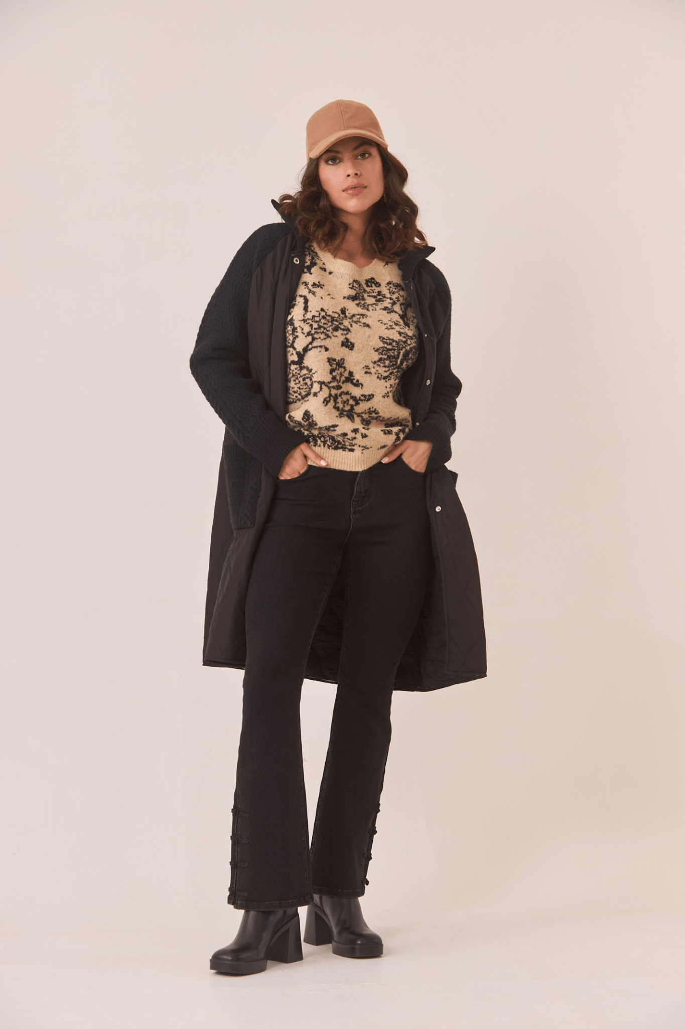 Dotique camel NKN Nekane floral jacquard knit sweater with black print detail