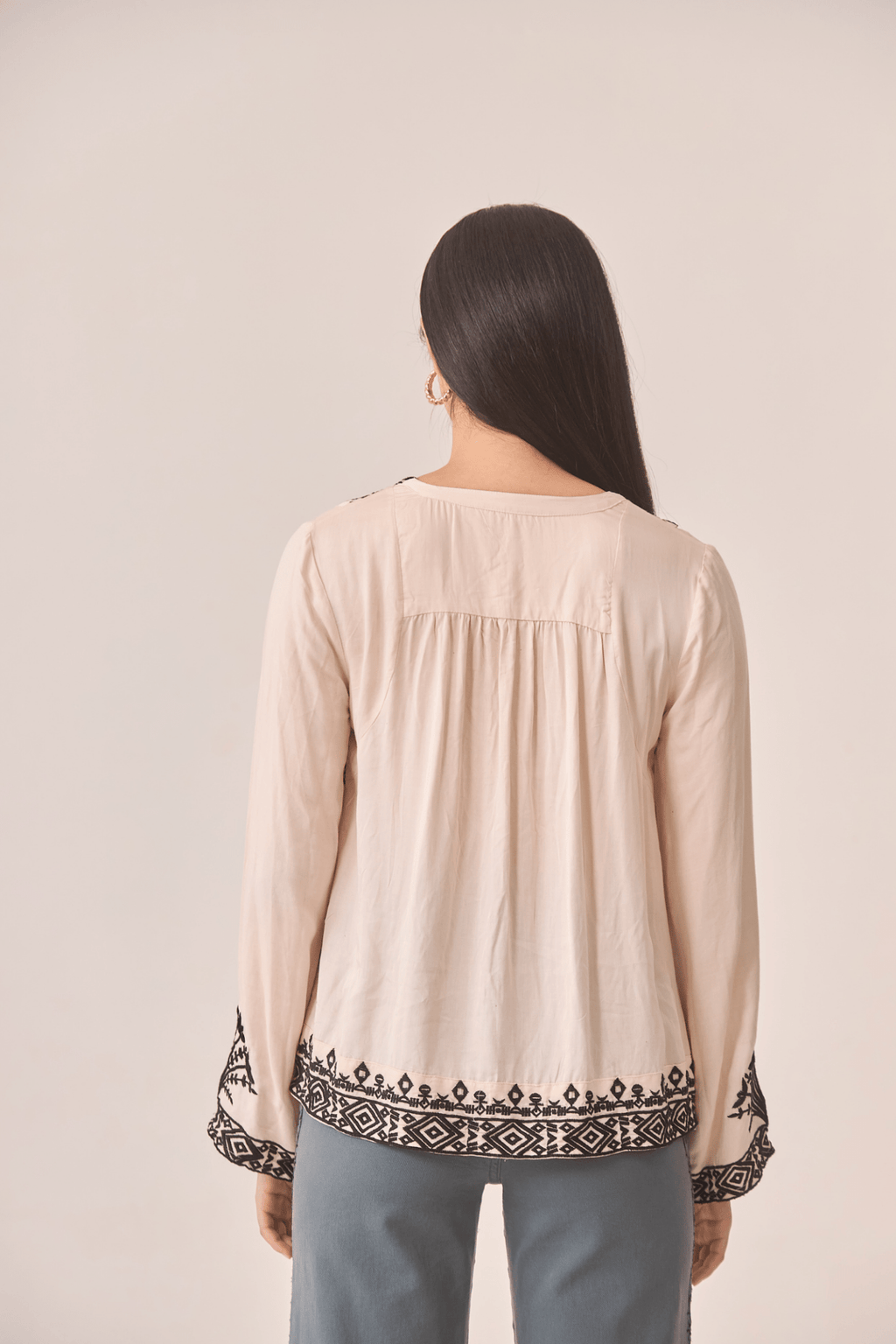 Dotique ecru NKN Nekane blouse with black embroidery and button front in soft modal