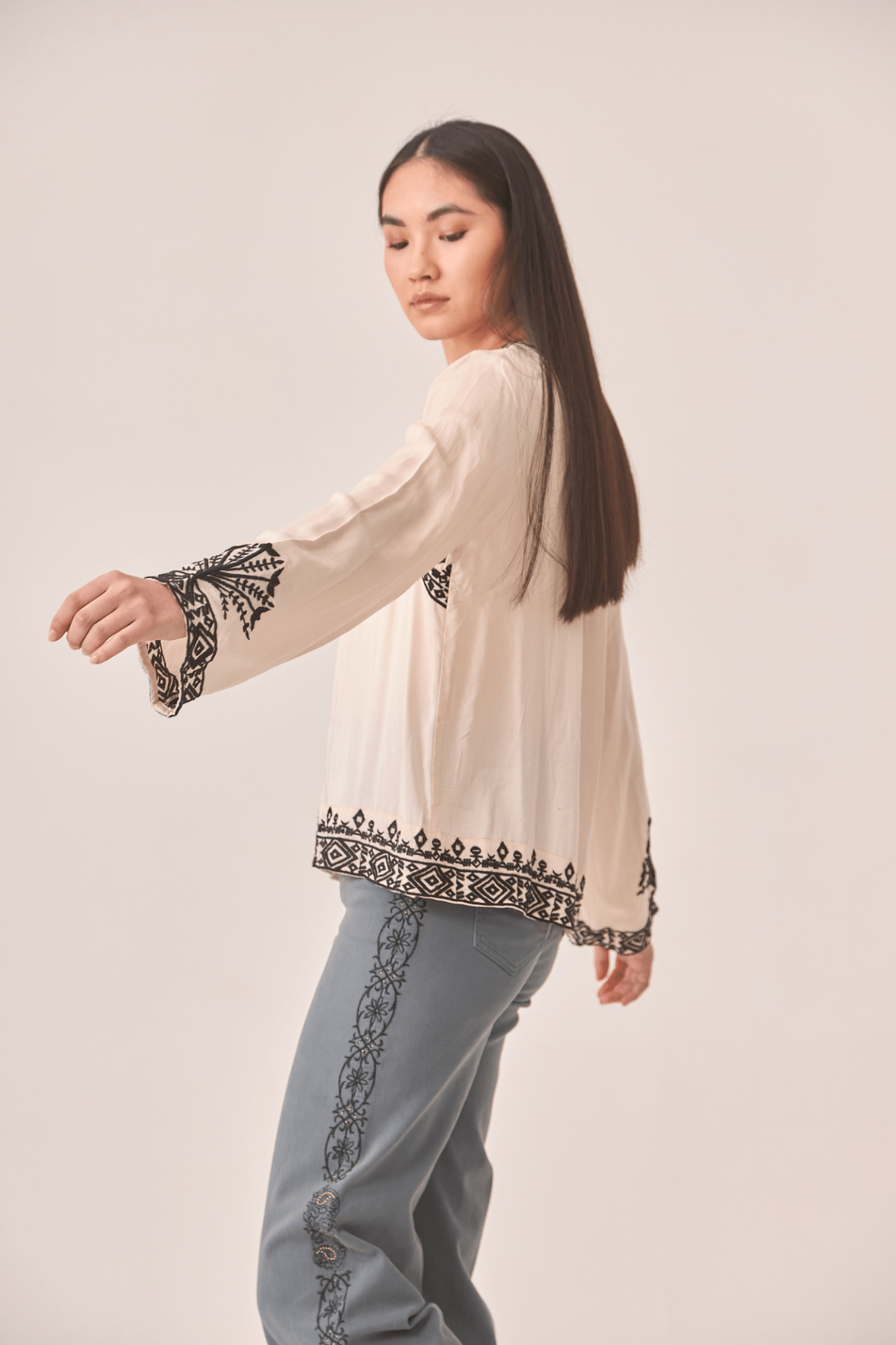 Dotique ecru NKN Nekane blouse with black embroidery and button front in soft modal