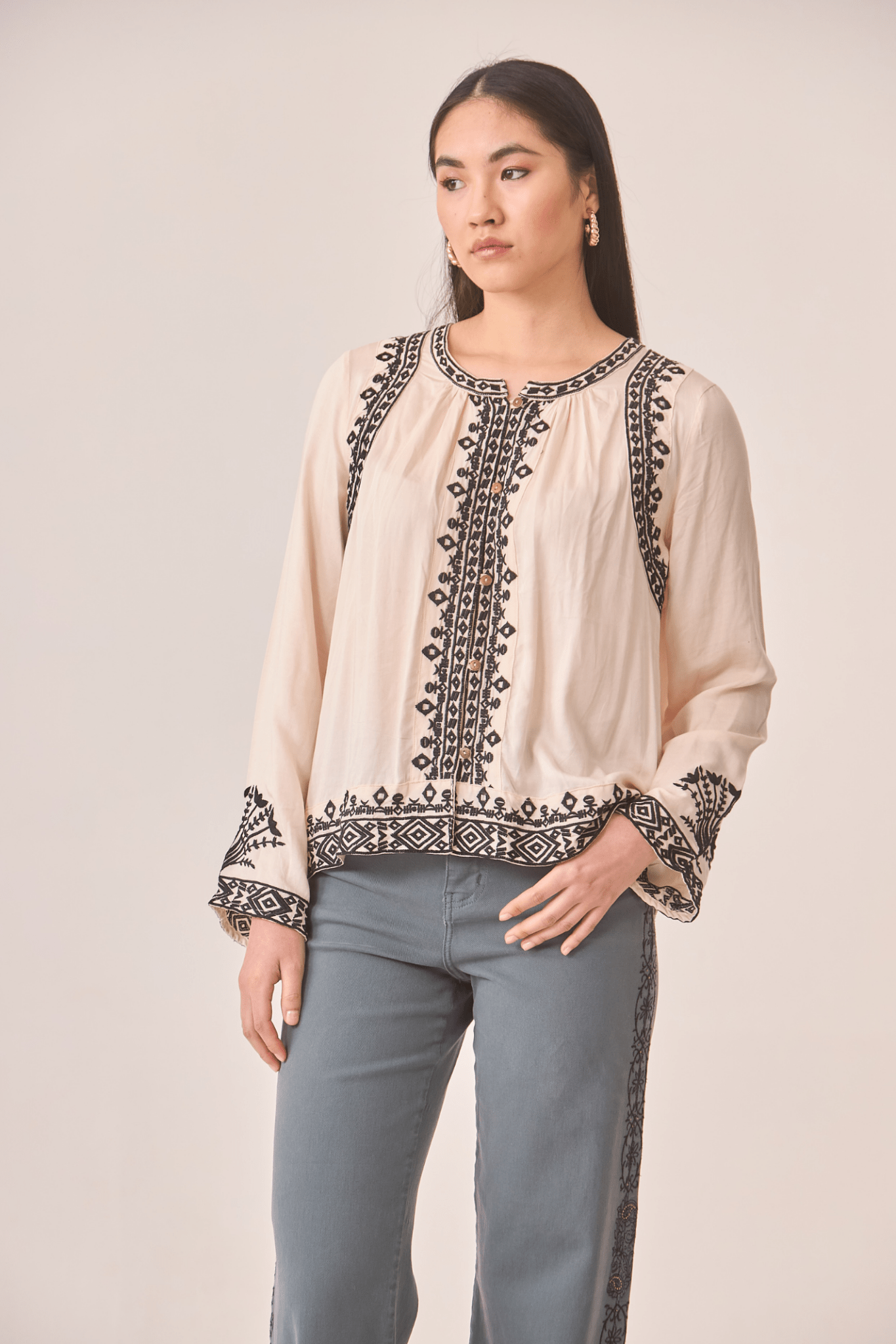 Dotique ecru NKN Nekane blouse with black embroidery and button front in soft modal