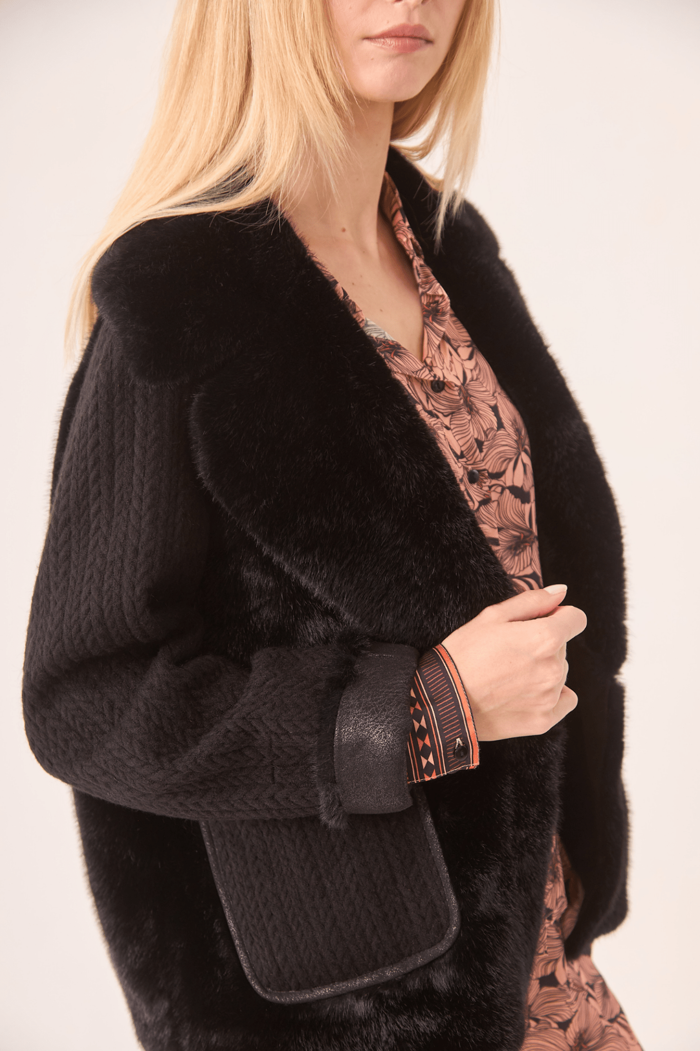 Dotique black NKN Nekane short coat with faux fur and knitted braid detailing