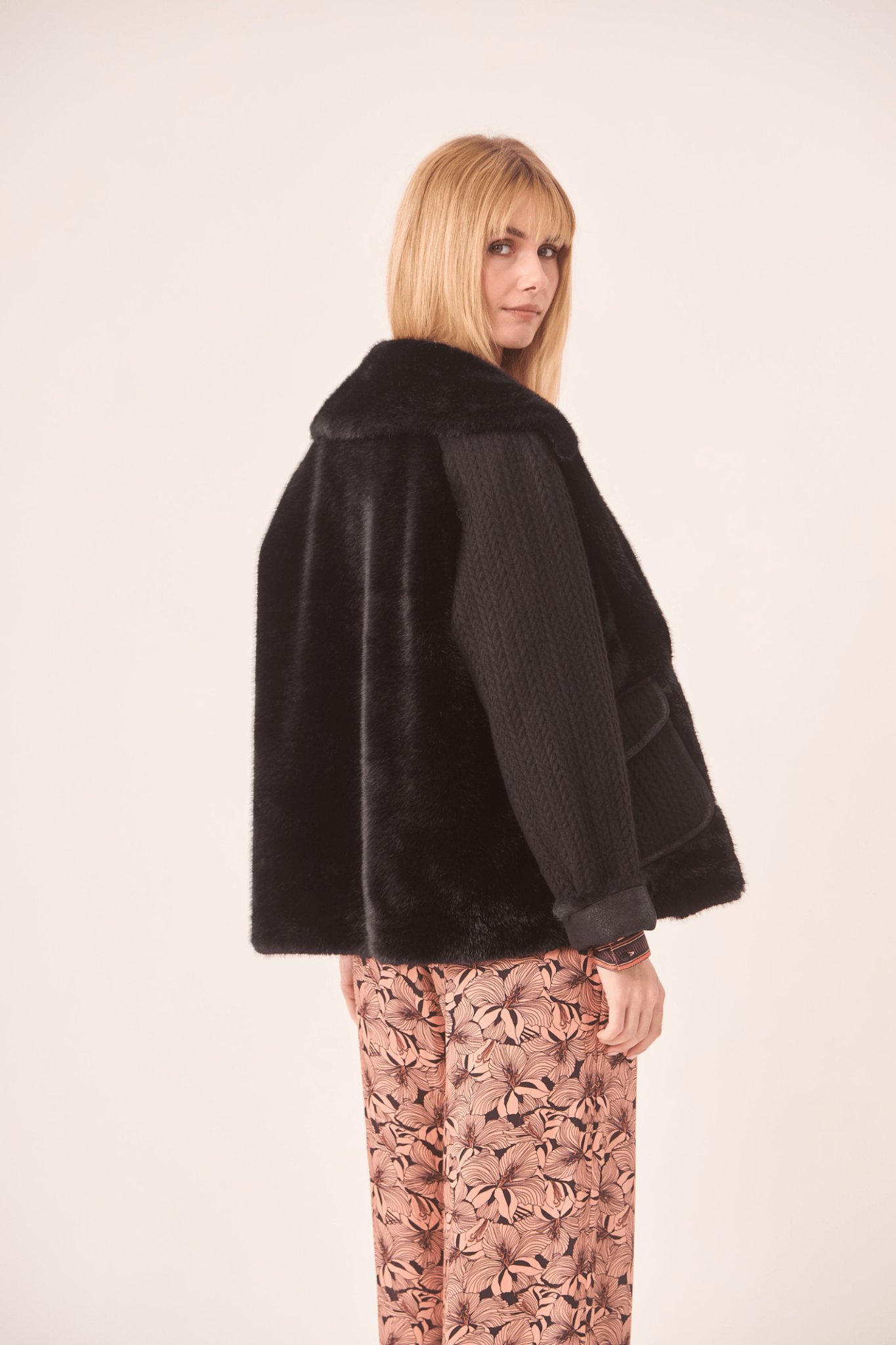 Dotique black NKN Nekane short coat with faux fur and knitted braid detailing