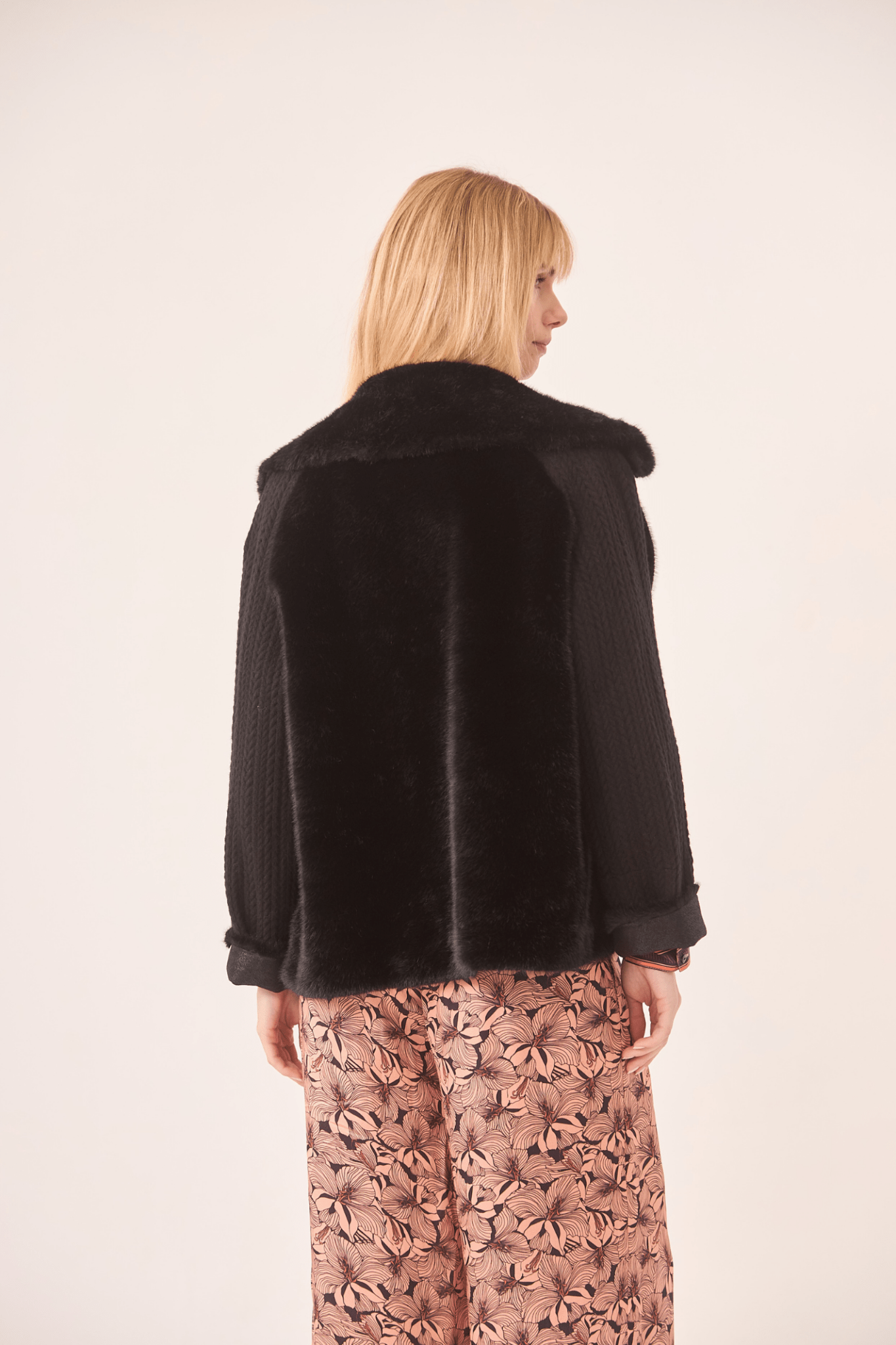 Dotique black NKN Nekane short coat with faux fur and knitted braid detailing