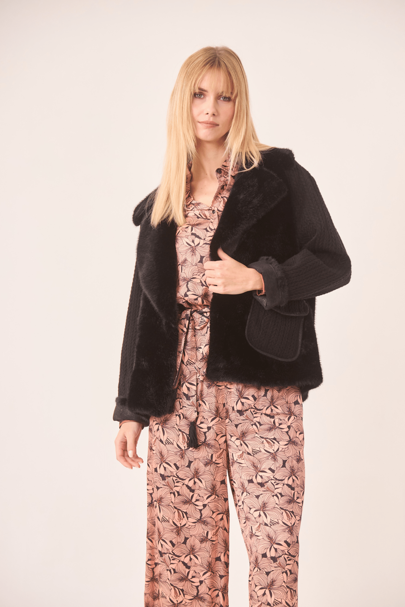 Dotique black NKN Nekane short coat with faux fur and knitted braid detailing