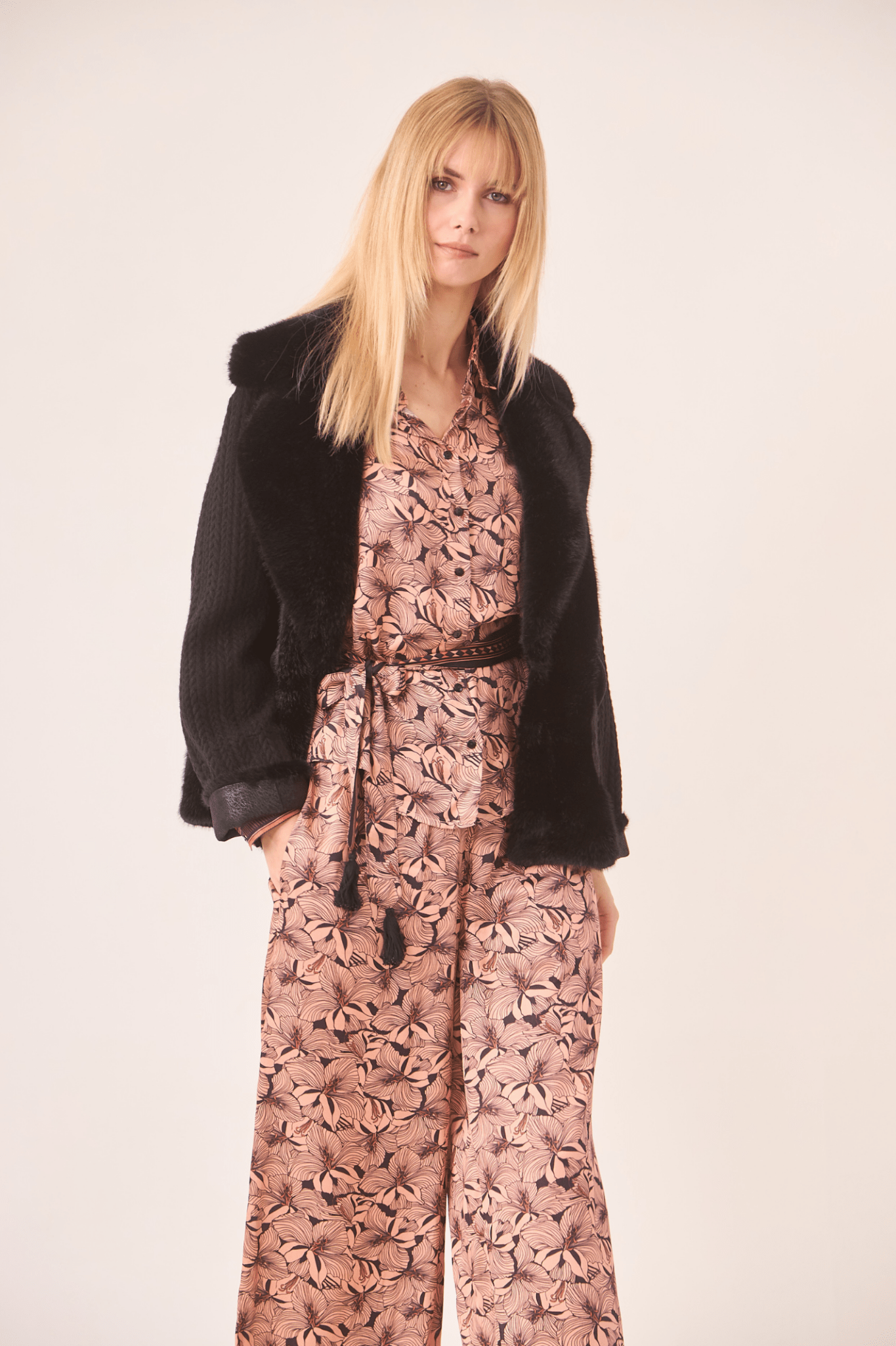 Dotique black NKN Nekane short coat with faux fur and knitted braid detailing