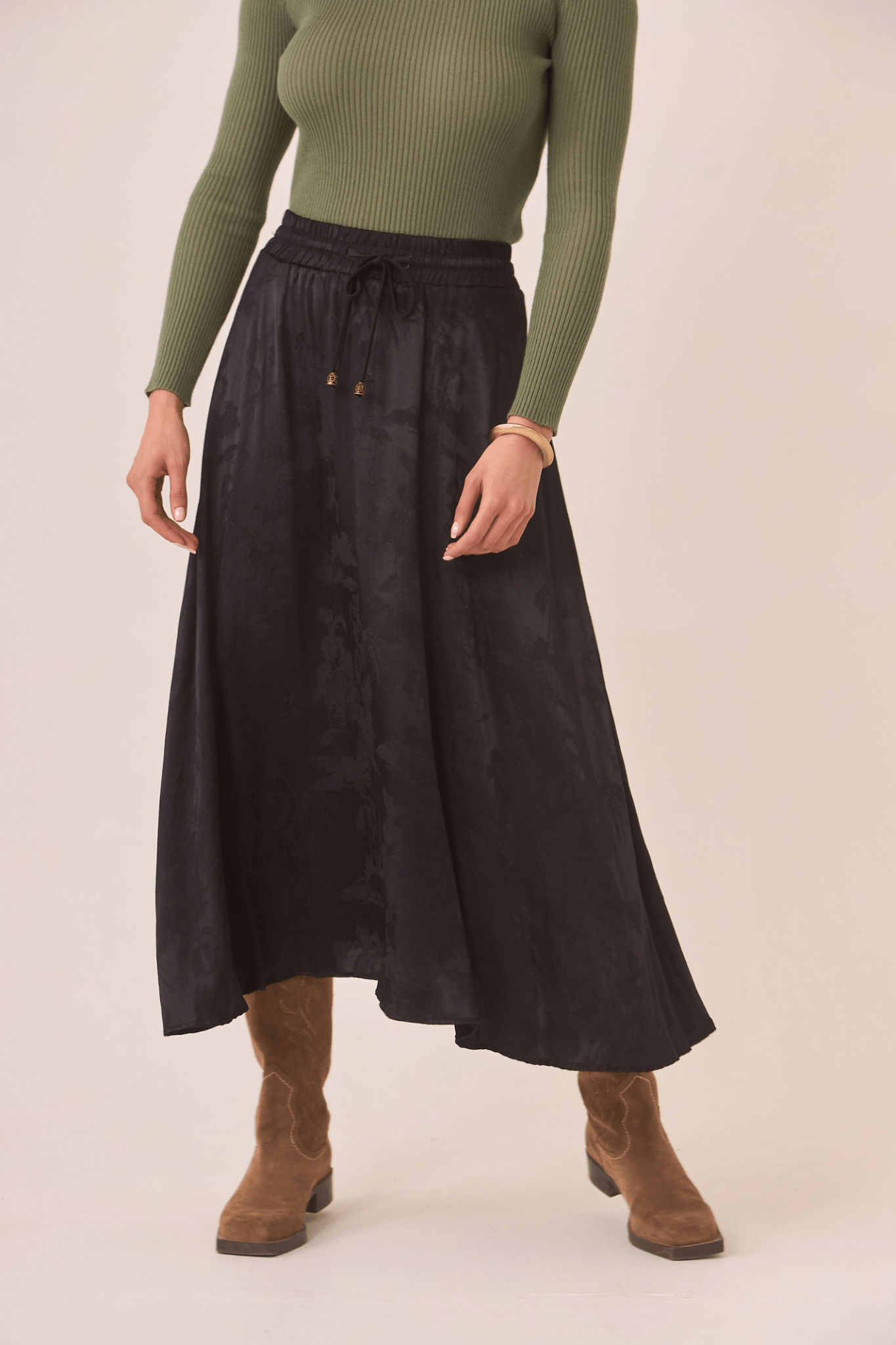 Dotique black NKN Nekane long rayon jacquard skirt with subtle frill hem
