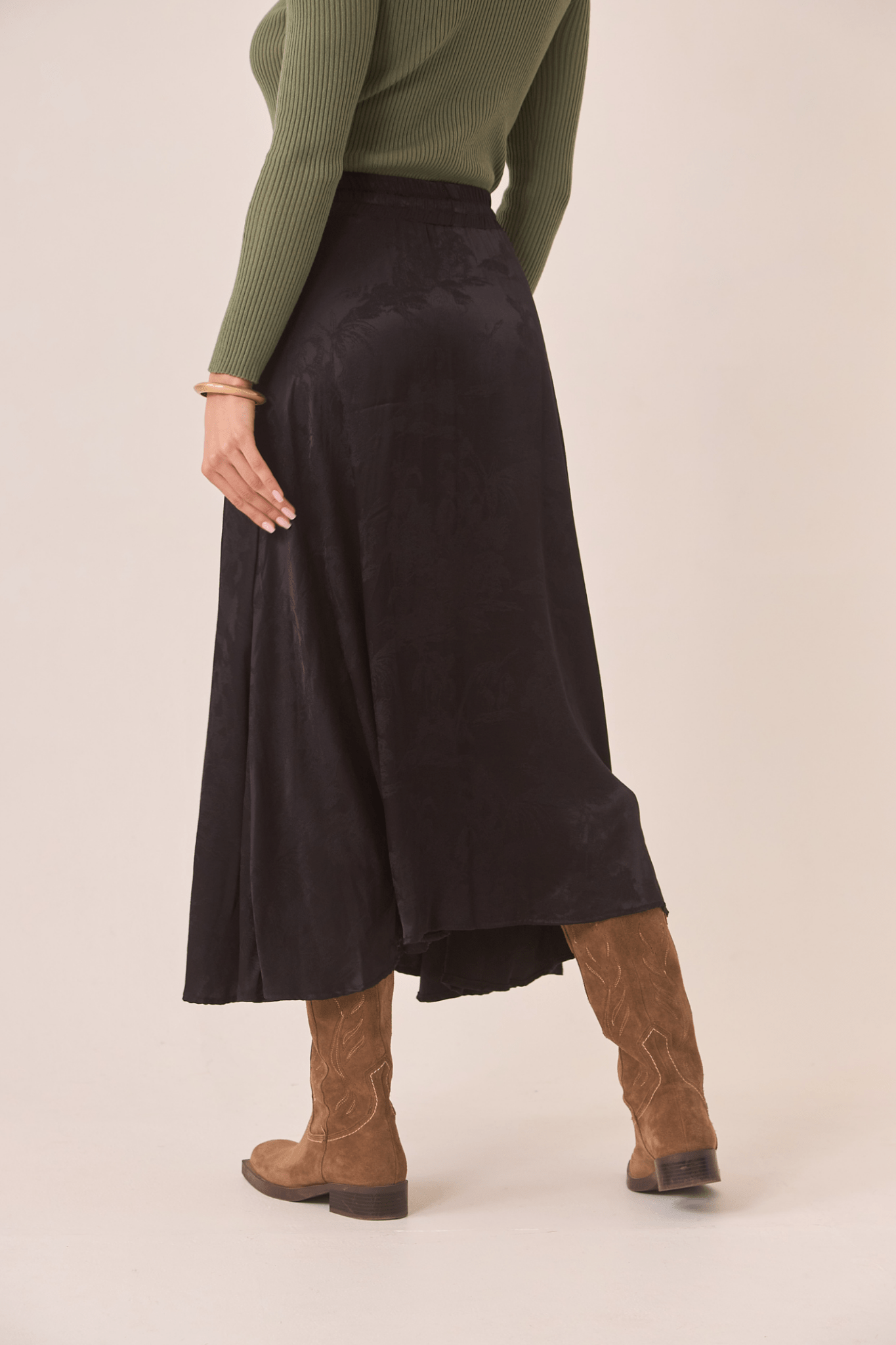 Dotique black NKN Nekane long rayon jacquard skirt with subtle frill hem
