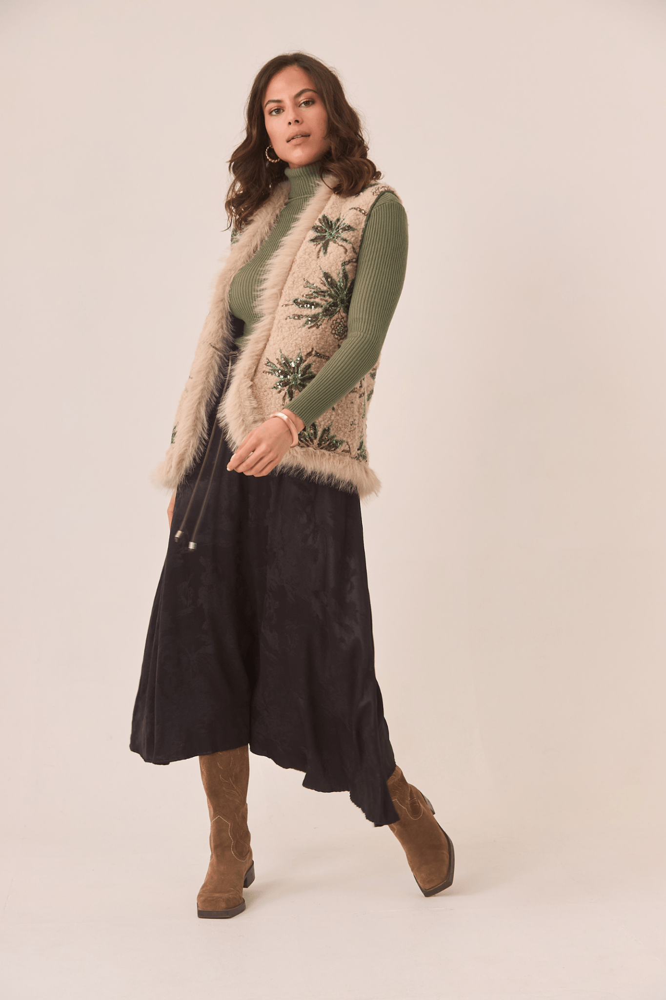 Dotique black NKN Nekane long rayon jacquard skirt with subtle frill hem
